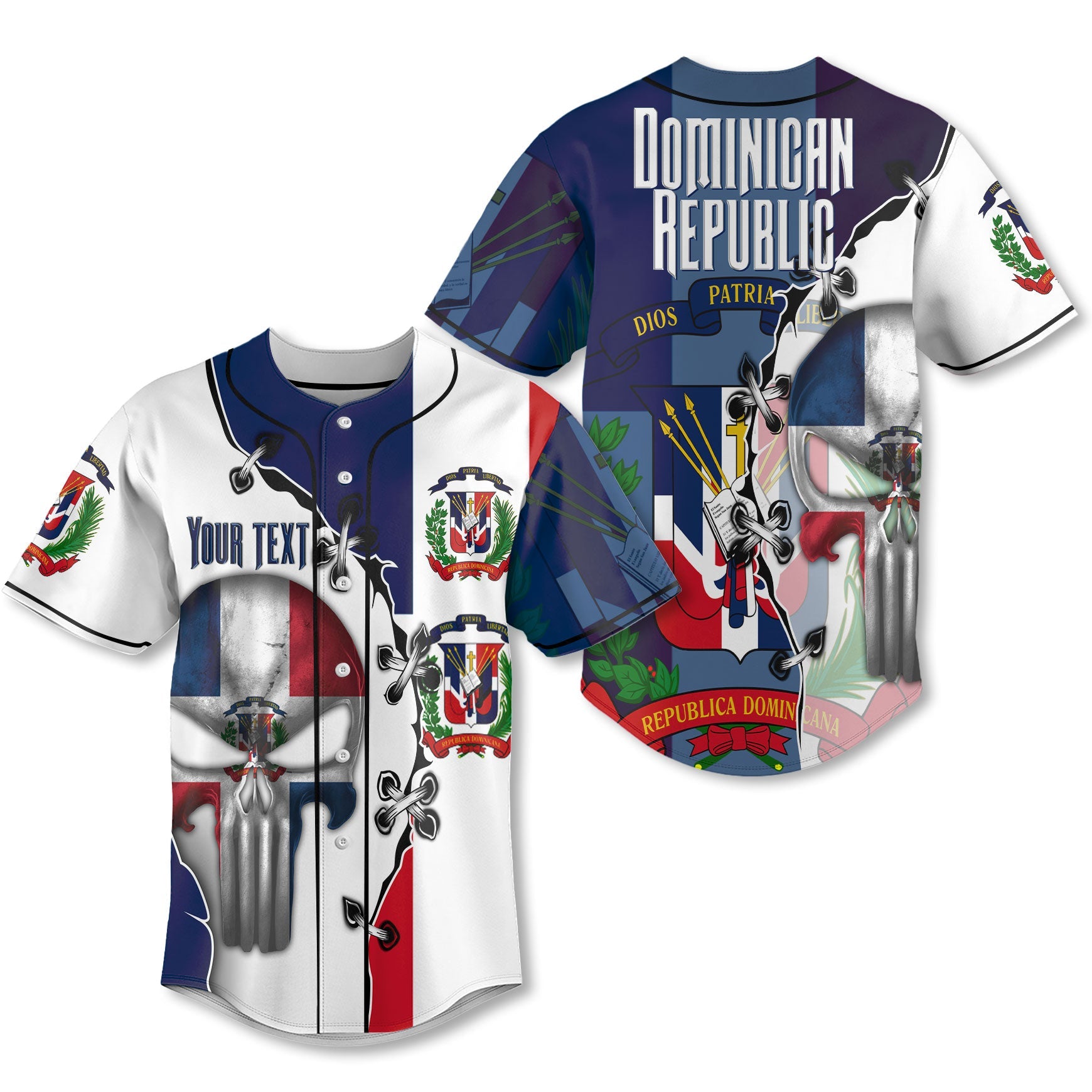 Dominican Republic Baseball Jersey Flag & Coat Of Arms Skull Style