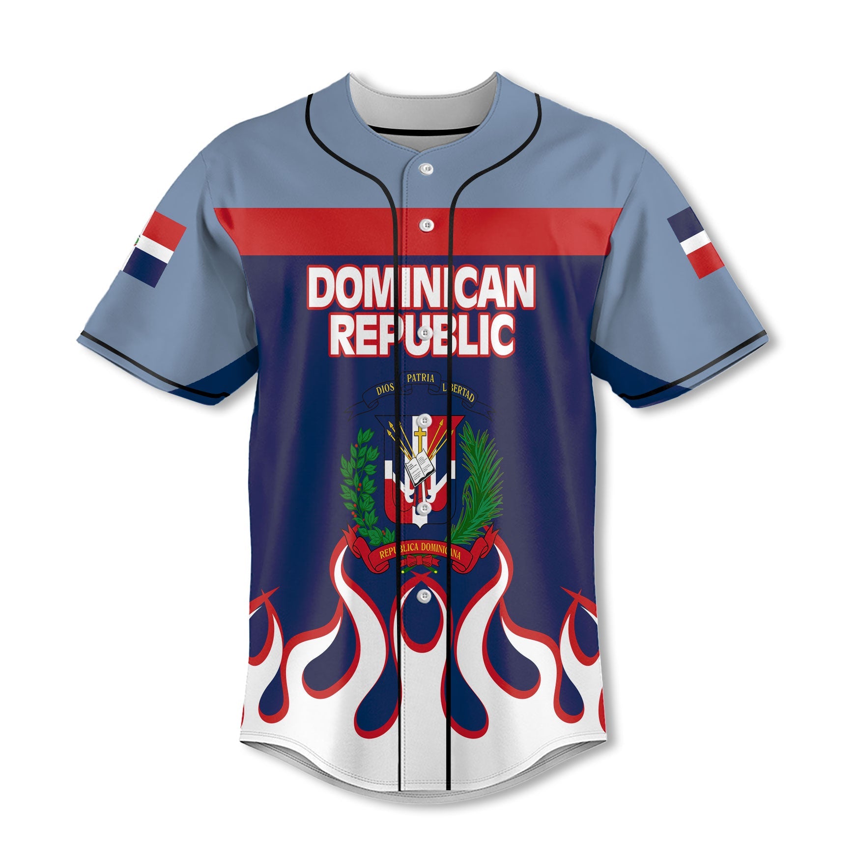 Dominican Republic Baseball Jersey Flag & Coat Of Arms Fire Hockey Style