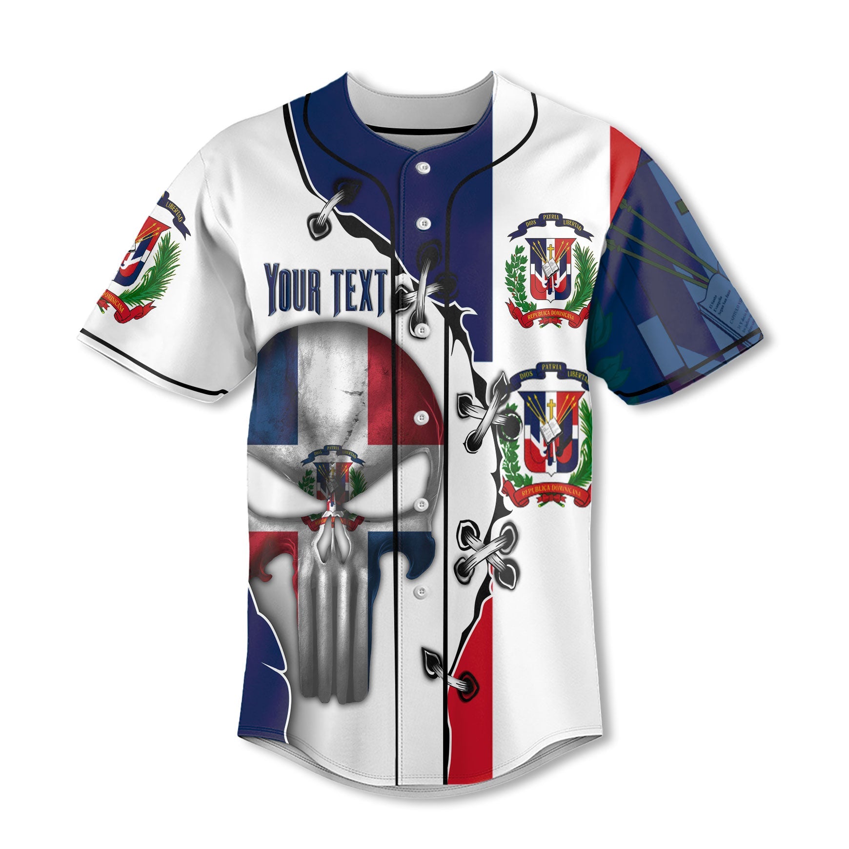 Dominican Republic Baseball Jersey Flag & Coat Of Arms Skull Style