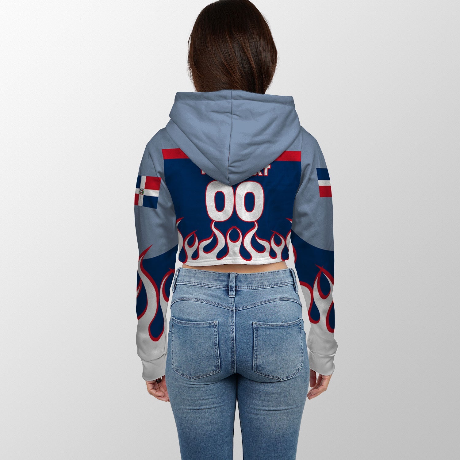 Dominican Republic Crop Hoodie Flag & Coat Of Arms Fire Hockey Style