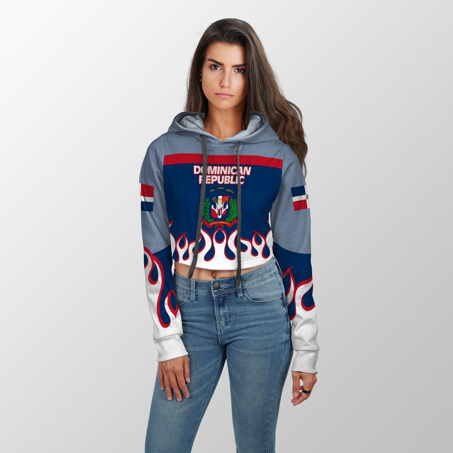 Dominican Republic Crop Hoodie Flag & Coat Of Arms Fire Hockey Style