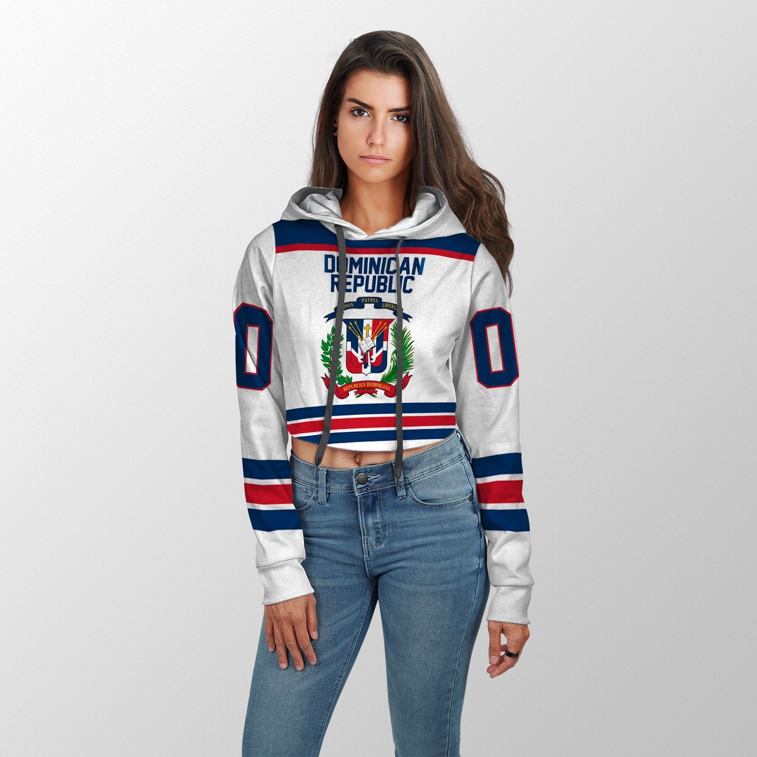 Dominican Republic Crop Hoodie Flag & Coat Of Arms Hockey Style