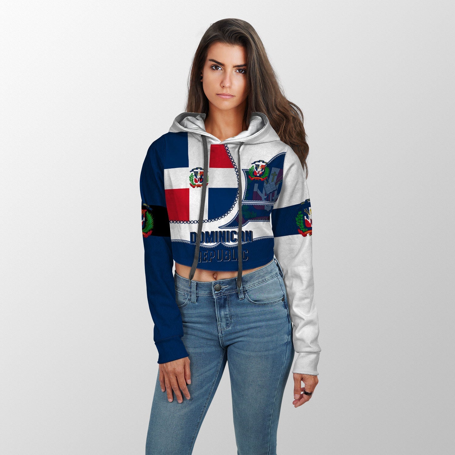 Dominican Republic Crop Hoodie Flag & Coat Of Arms Leather Style