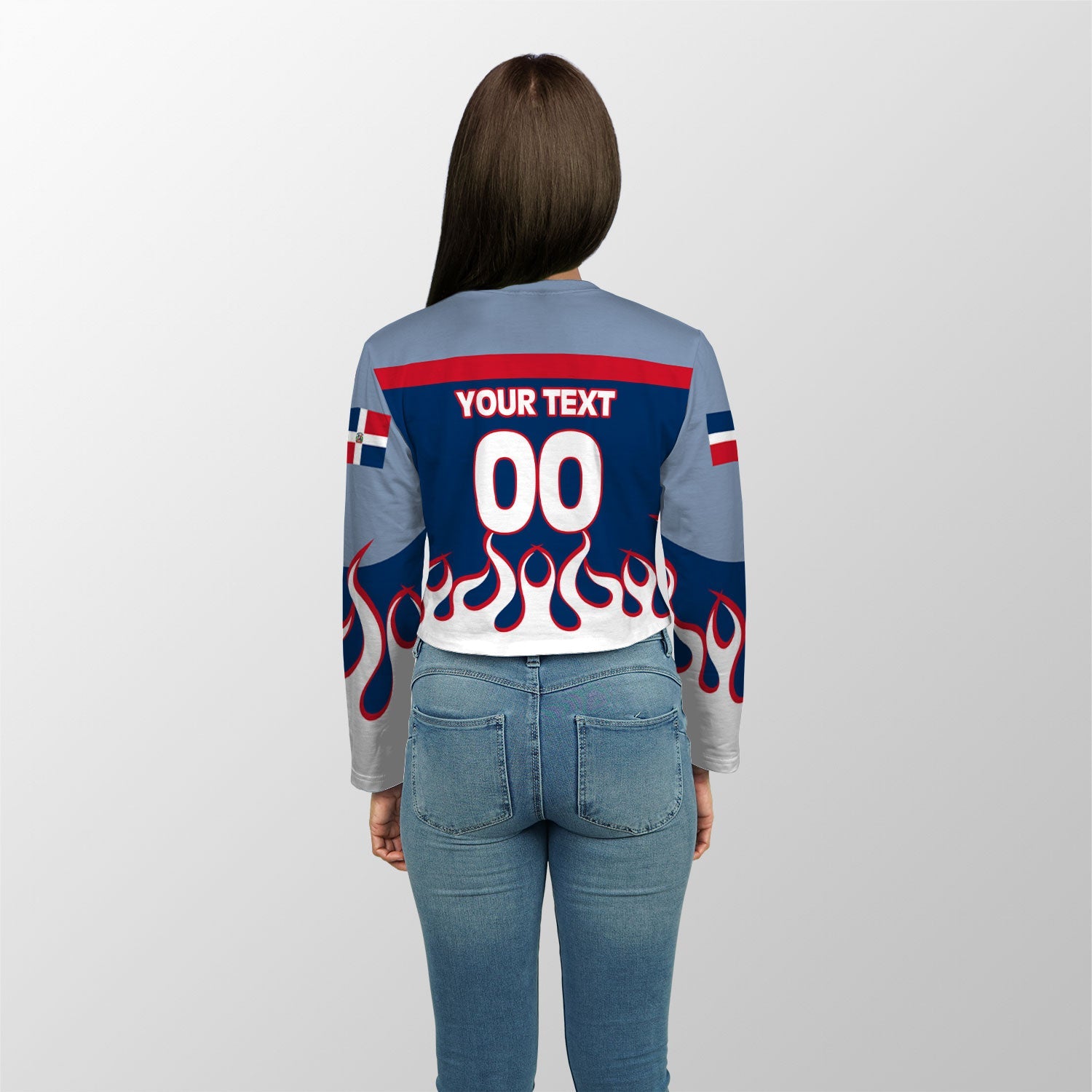 Dominican Republic Crop Top Long TShirt Flag & Coat Of Arms Fire Hockey Style