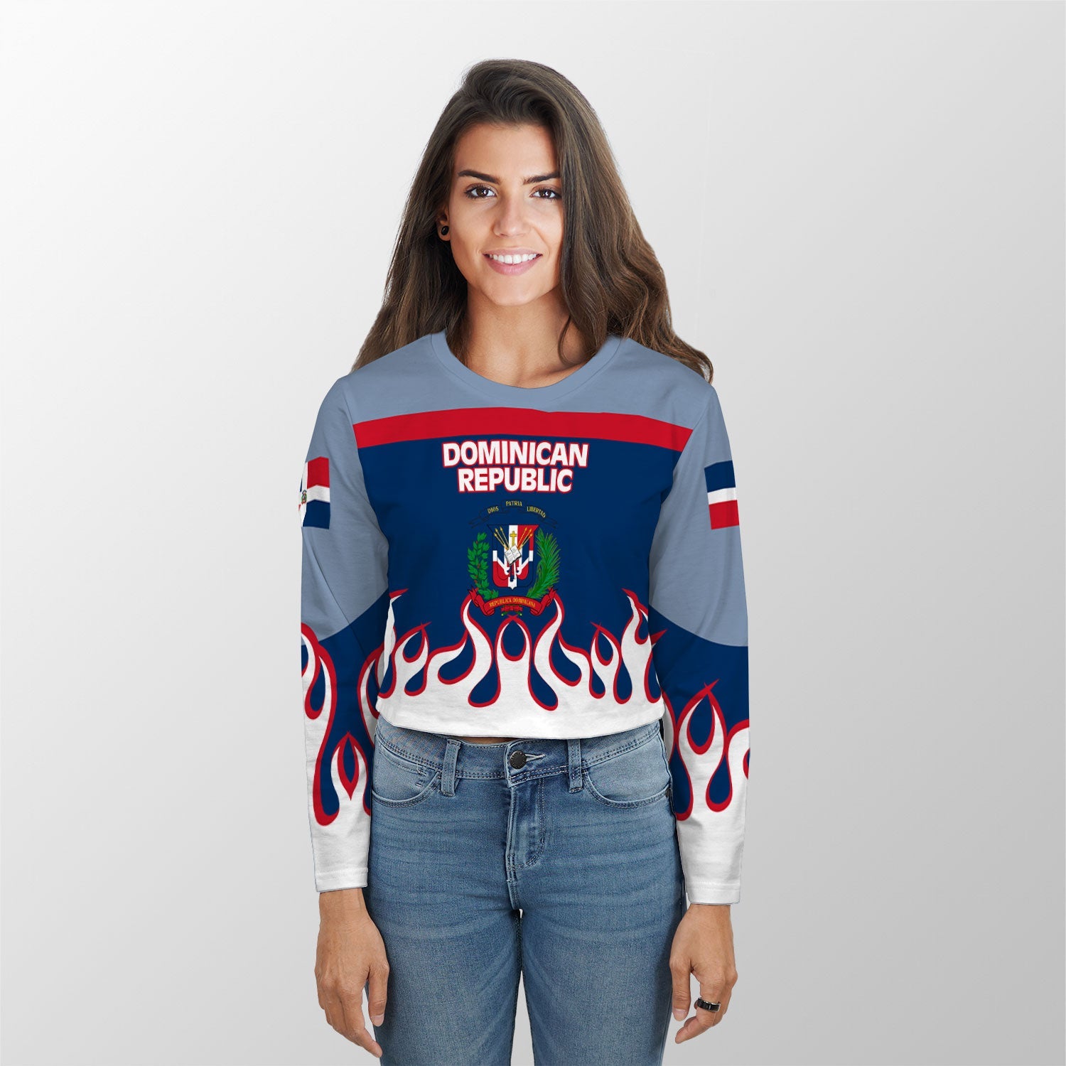 Dominican Republic Crop Top Long TShirt Flag & Coat Of Arms Fire Hockey Style