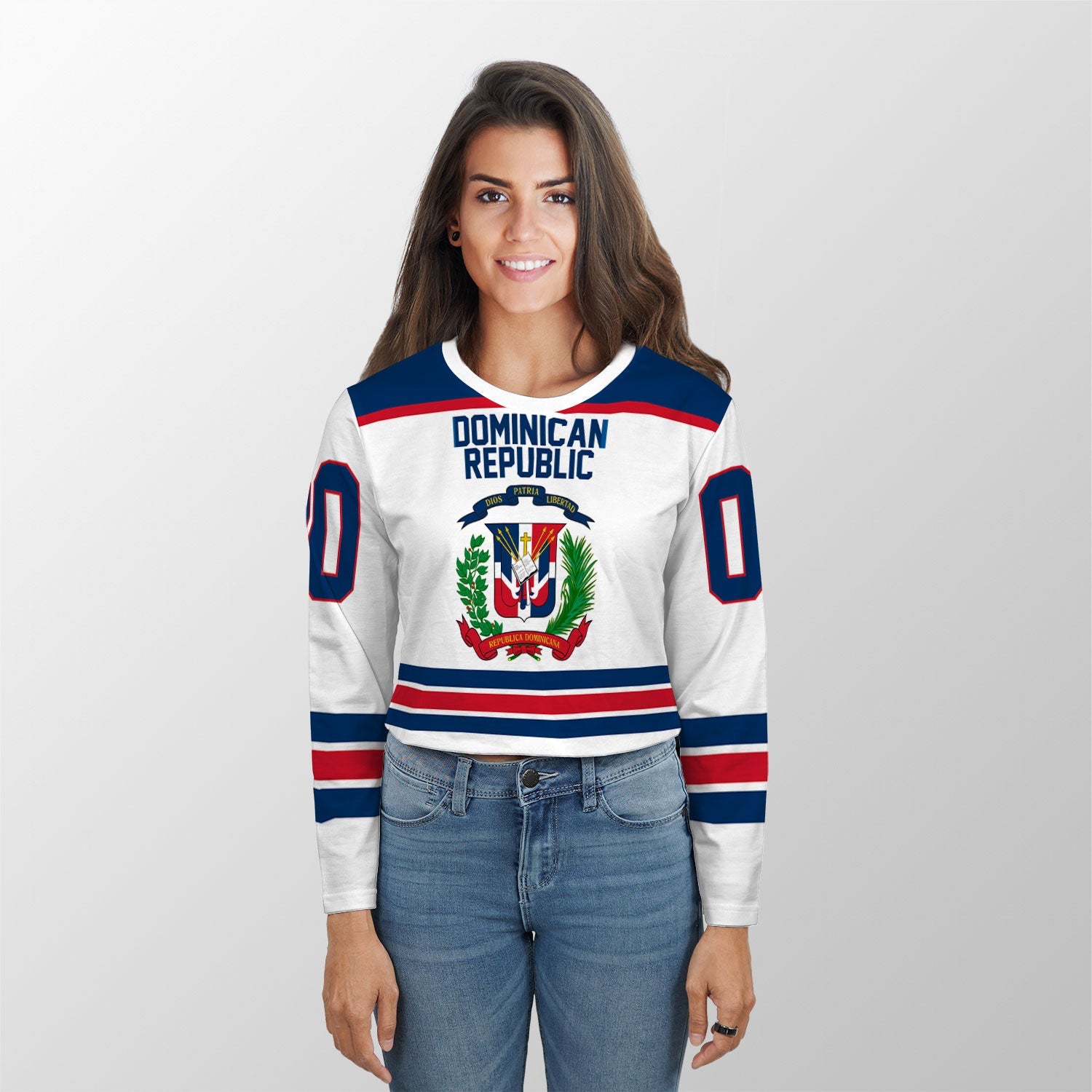 Dominican Republic Crop Top Long T Shirt Flag & Coat Of Arms Hockey Style