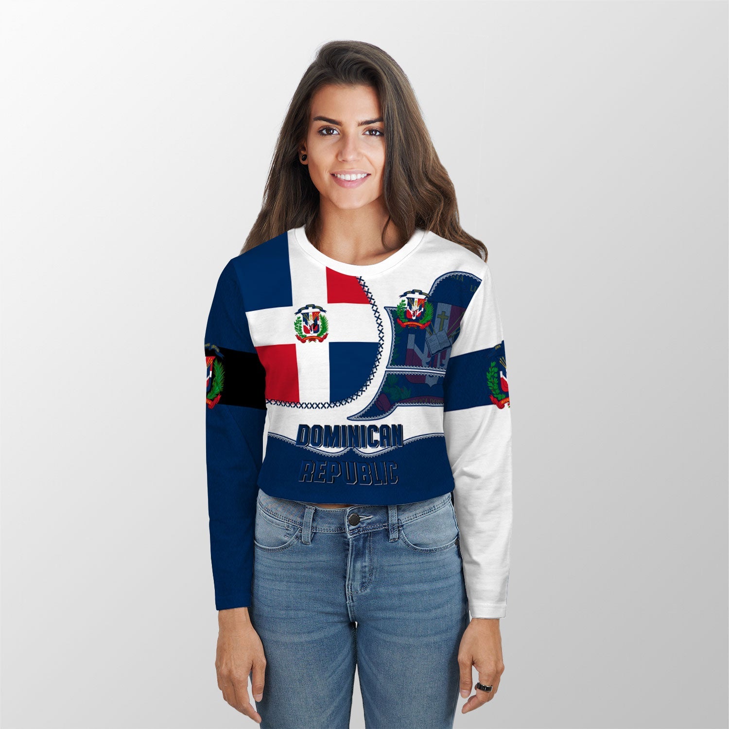 Dominican Republic Crop Top Long T Shirt Flag & Coat Of Arms Leather Style