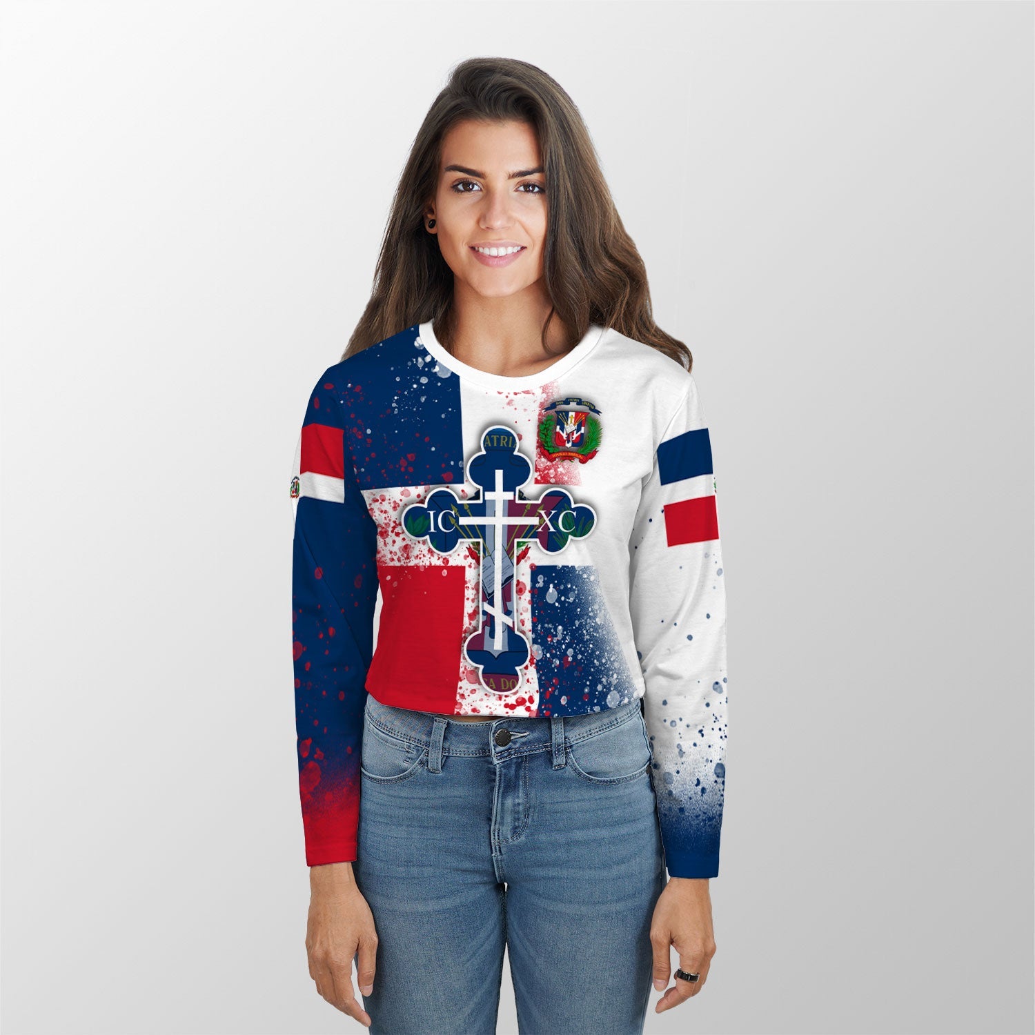 Dominican Republic Crop Top Long TShirt Flag & Coat Of Arms Orthodox Style