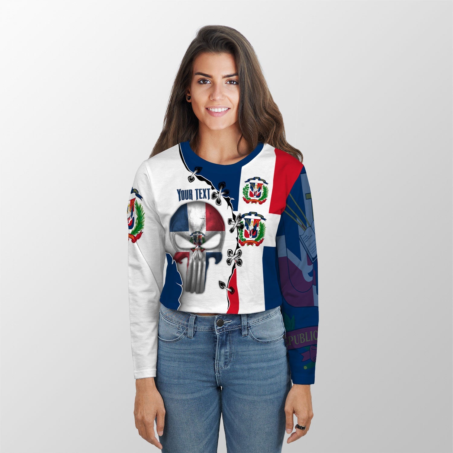 Dominican Republic Crop Top Long TShirt Flag & Coat Of Arms Skull Style