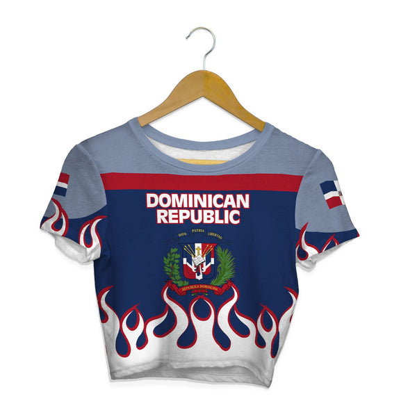 Dominican Republic Crop Top T Shirt Flag & Coat Of Arms Fire Hockey Style