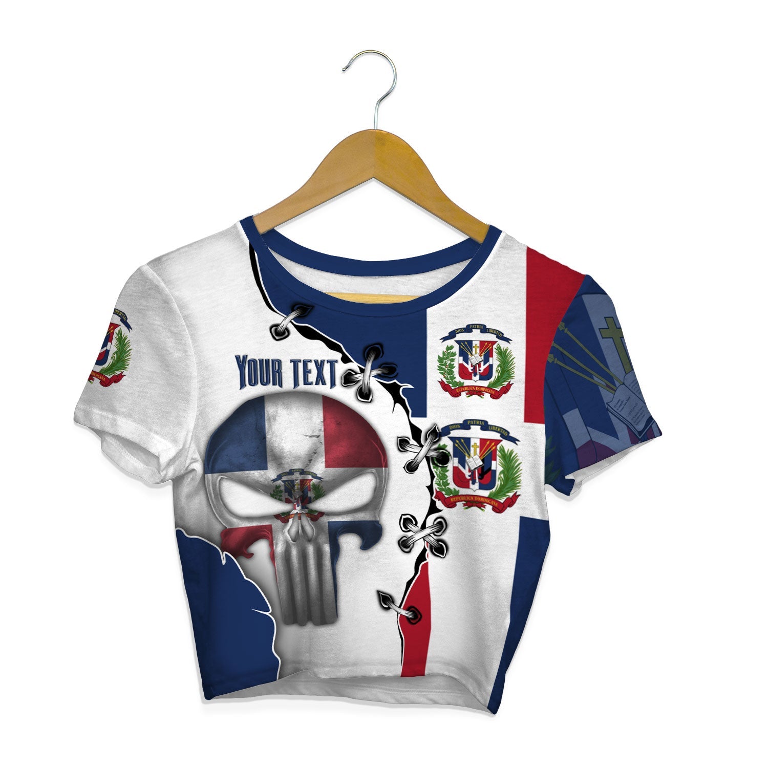 Dominican Republic Crop Top T Shirt Flag & Coat Of Arms Skull Style