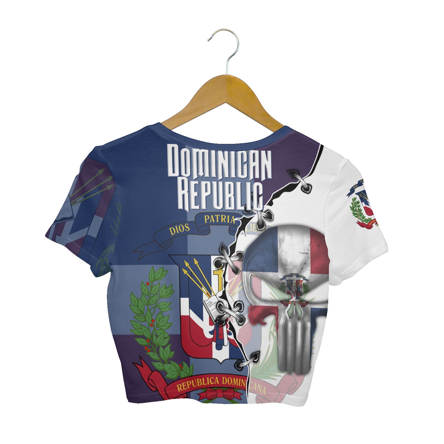 Dominican Republic Crop Top T Shirt Flag & Coat Of Arms Skull Style