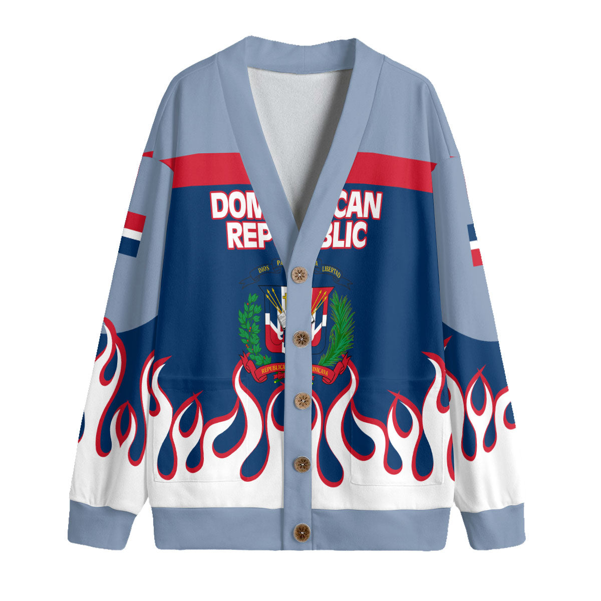 Dominican Republic Fleece Cardigan Flag & Coat Of Arms Fire Hockey Style