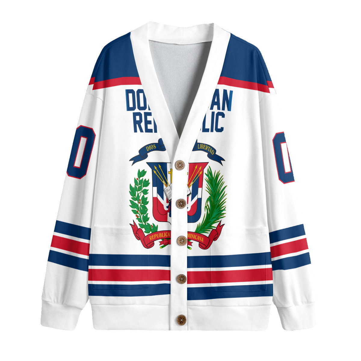 Dominican Republic Fleece Cardigan Flag & Coat Of Arms Hockey Style