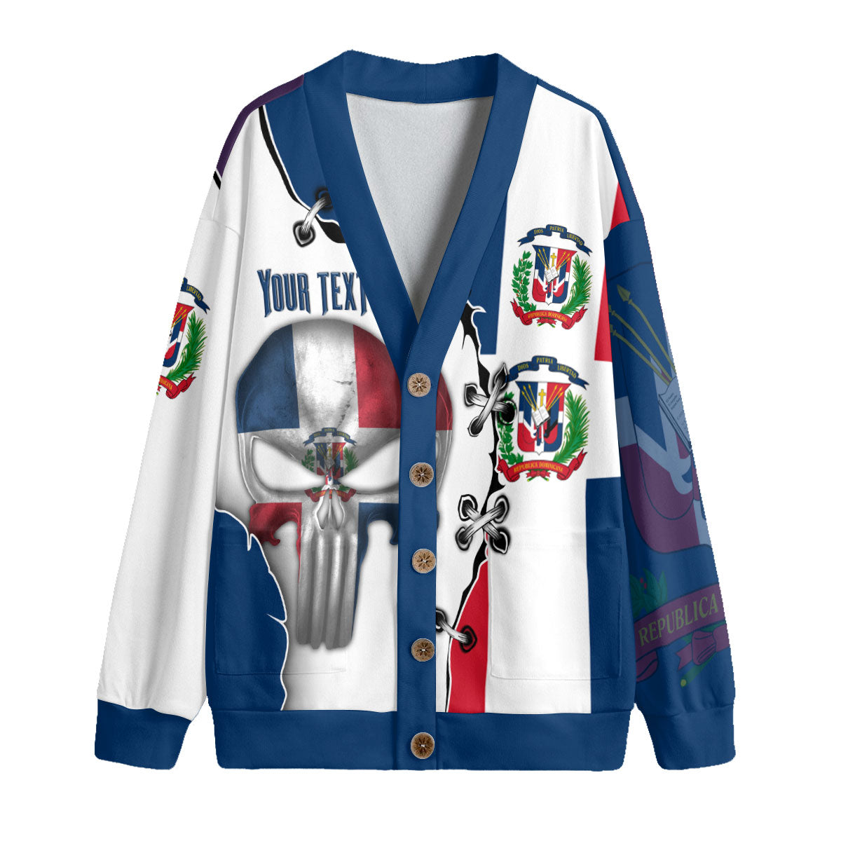 Dominican Republic Fleece Cardigan Flag & Coat Of Arms Skull Style