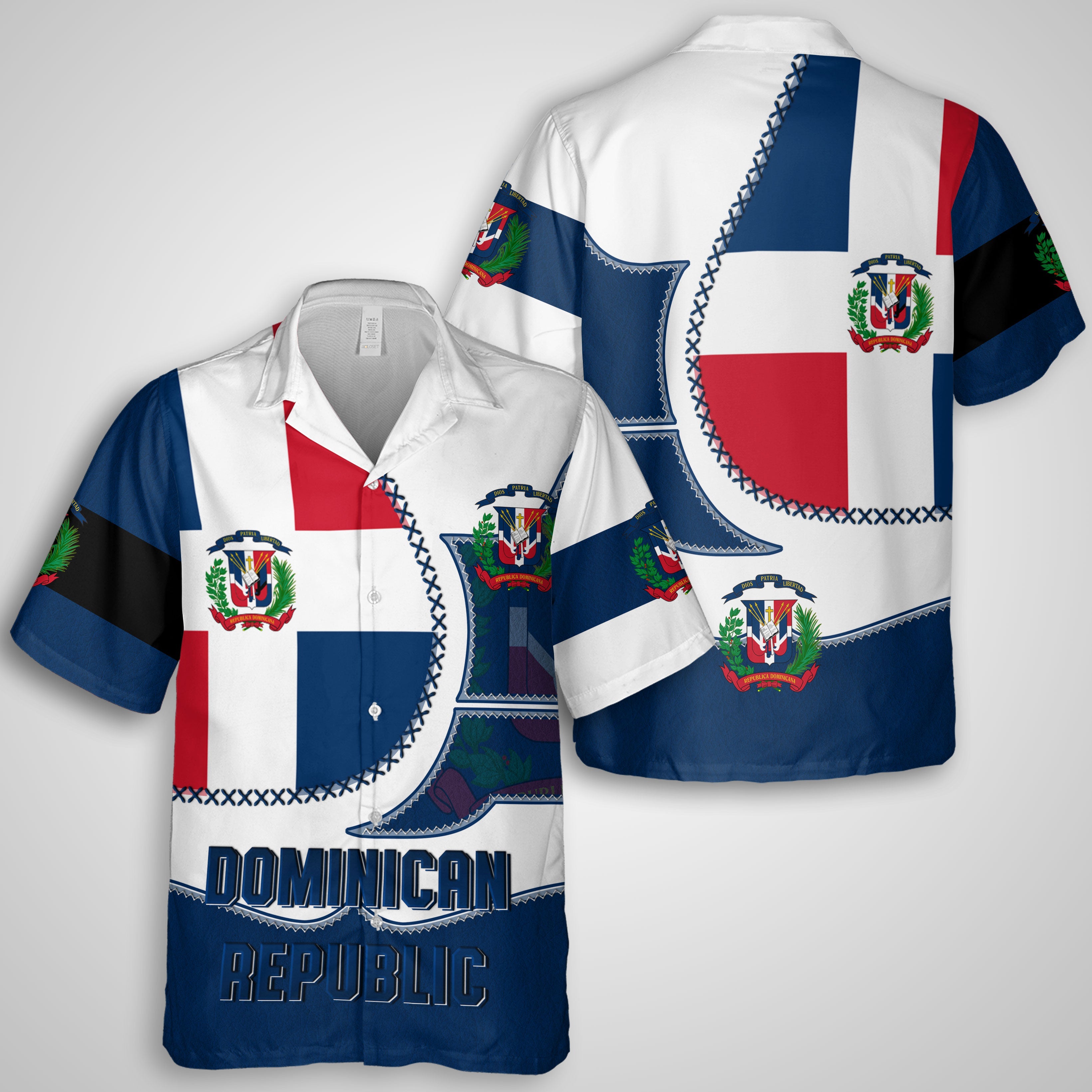 Dominican Republic Hawaiian Shirt Flag & Coat Of Arms Leather Style