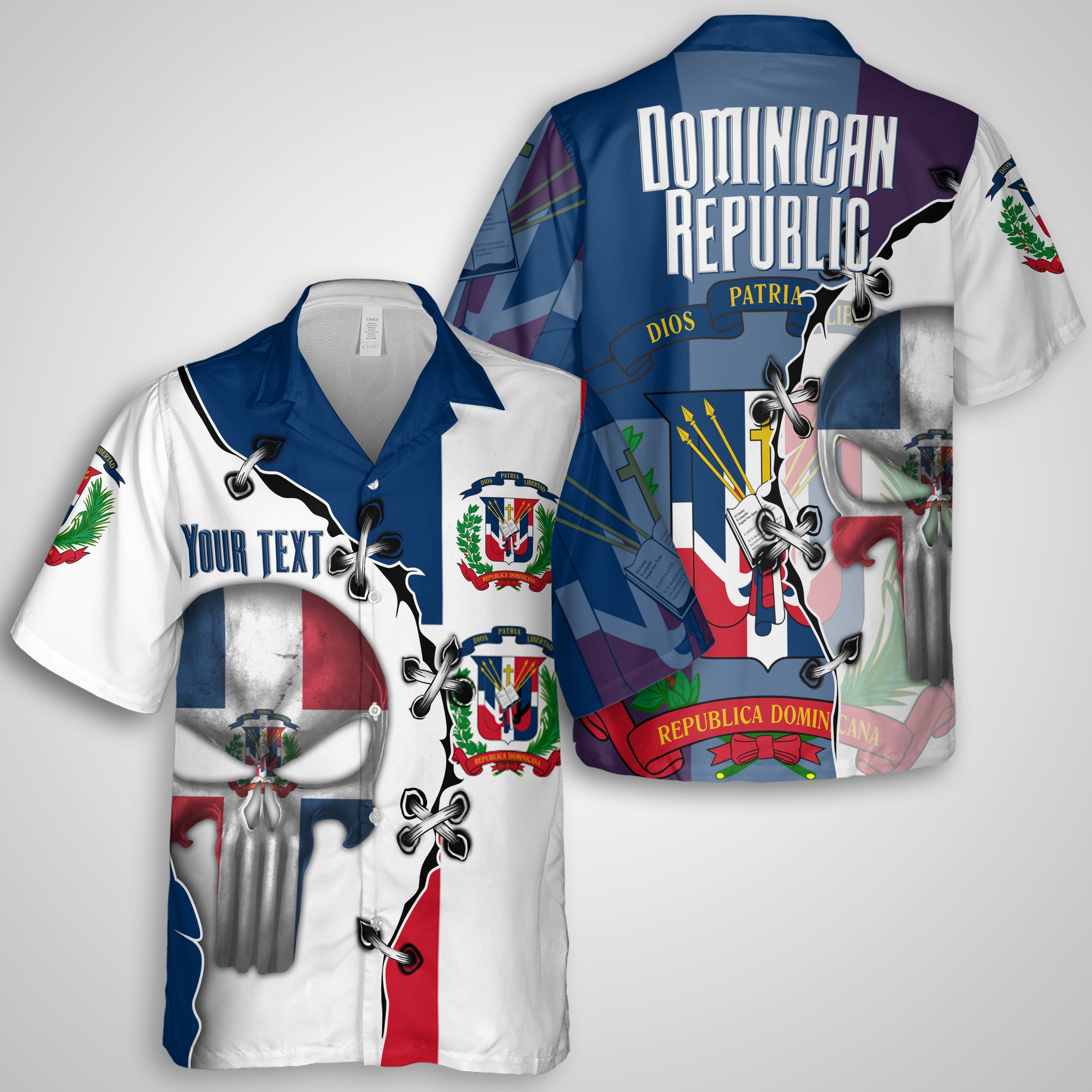 Dominican Republic Hawaiian Shirt Flag & Coat Of Arms Skull Style