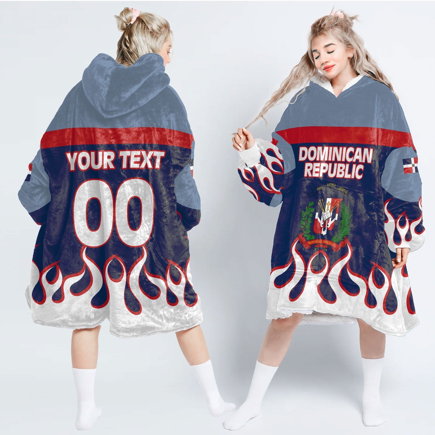 Dominican Republic Snug Hoodie Flag & Coat Of Arms Fire Hockey Style