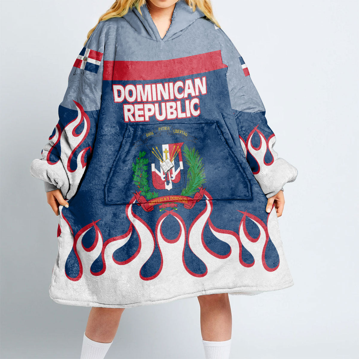 Dominican Republic Snug Hoodie Flag & Coat Of Arms Fire Hockey Style