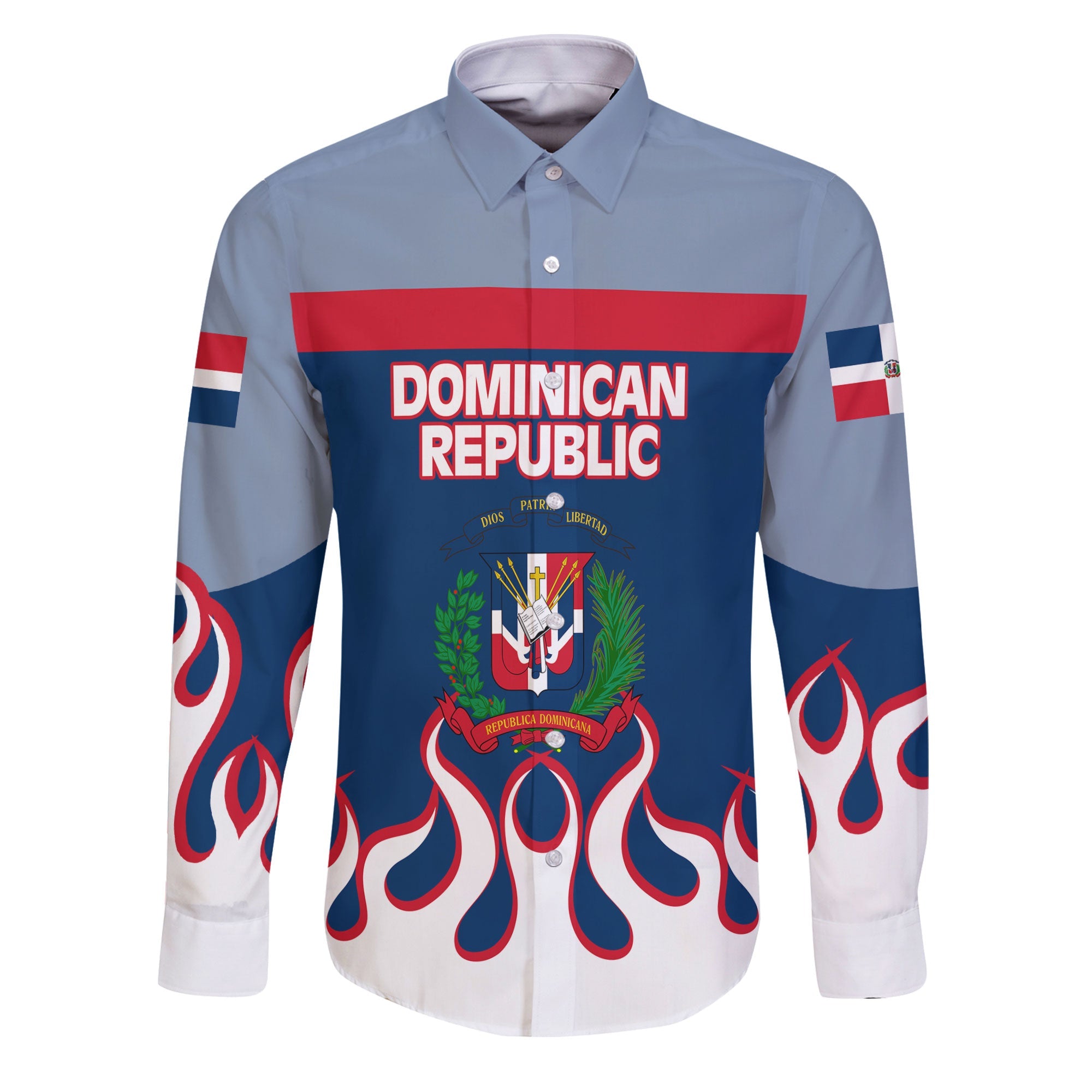 Dominican Republic Long Sleeve Button Shirt Flag & Coat Of Arms Fire Hockey Style