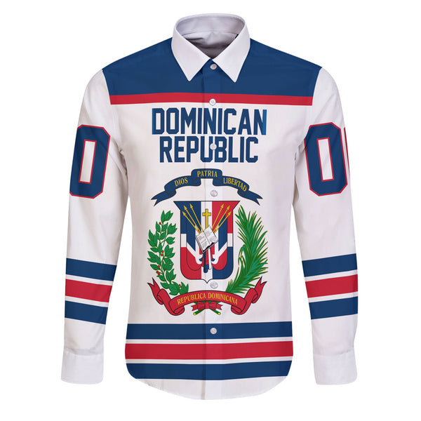 Dominican Republic Long Sleeve Button Shirt Flag & Coat Of Arms Hockey Style