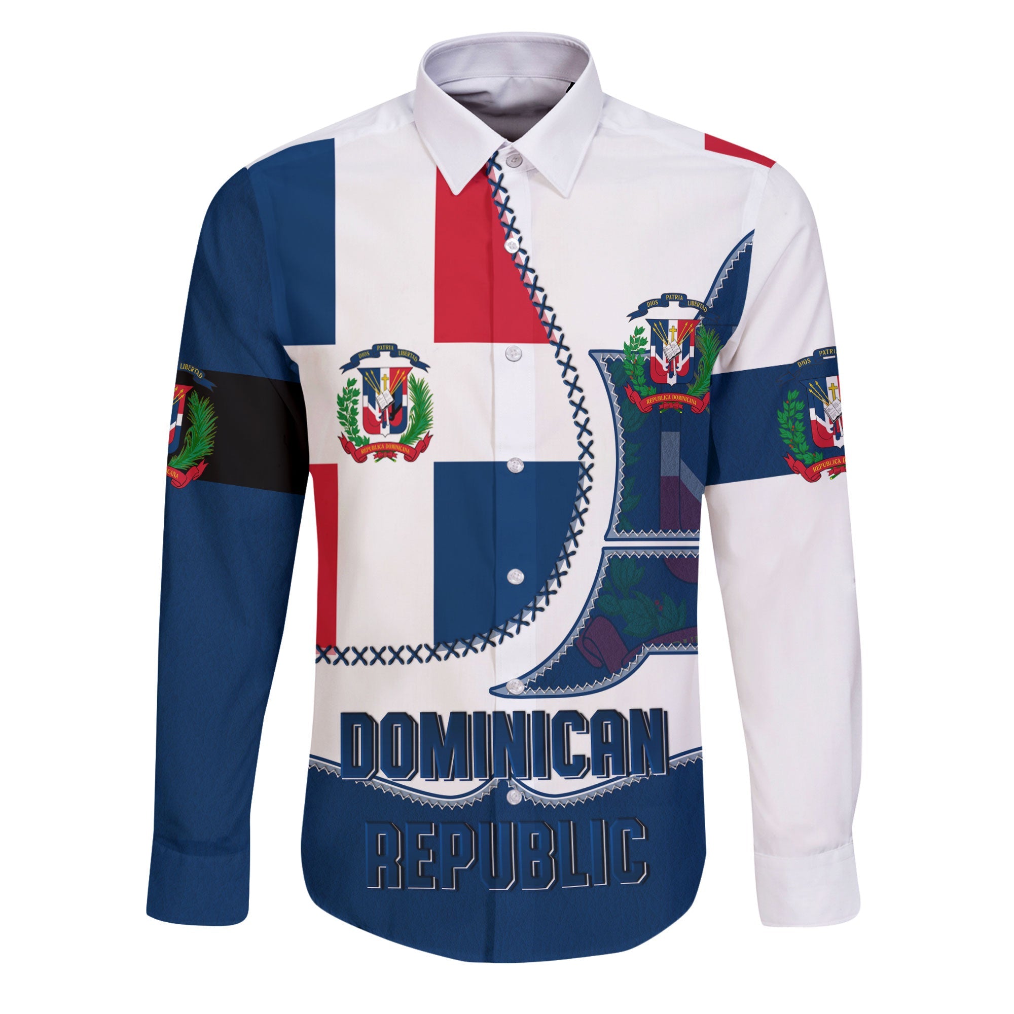 Dominican Republic Long Sleeve Button Shirt Flag & Coat Of Arms Leather Style