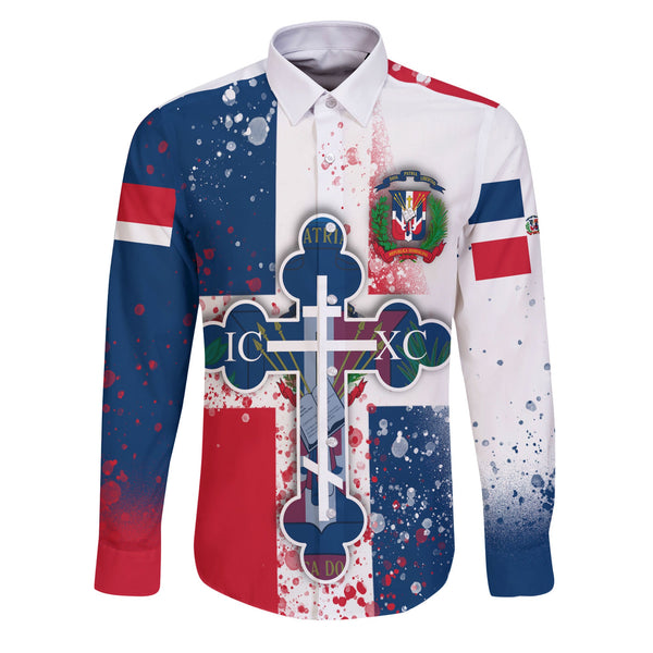 Dominican Republic Long Sleeve Button Shirt Flag & Coat Of Arms Orthodox Style