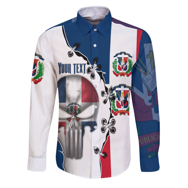 Dominican Republic Long Sleeve Button Shirt Flag & Coat Of Arms Skull Style