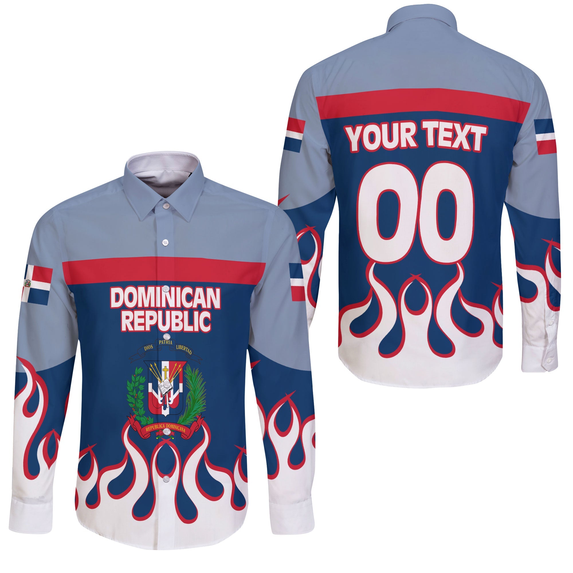 Dominican Republic Long Sleeve Button Shirt Flag & Coat Of Arms Fire Hockey Style