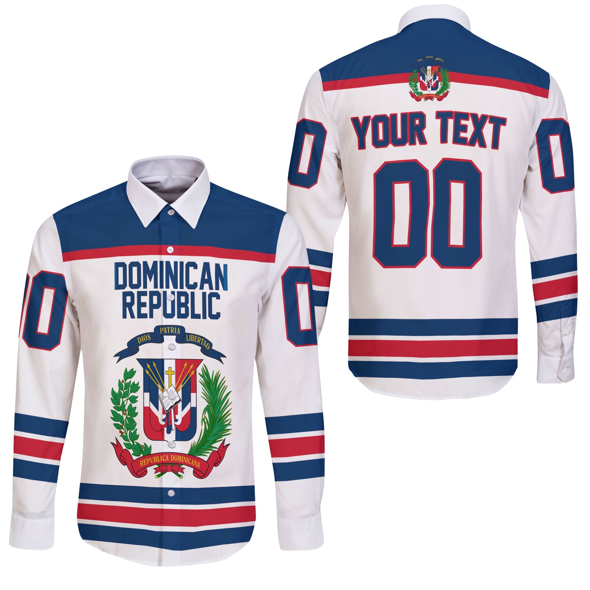 Dominican Republic Long Sleeve Button Shirt Flag & Coat Of Arms Hockey Style