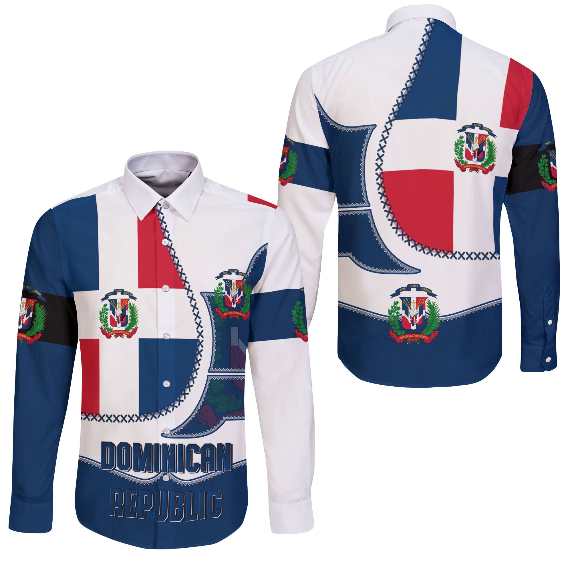 Dominican Republic Long Sleeve Button Shirt Flag & Coat Of Arms Leather Style