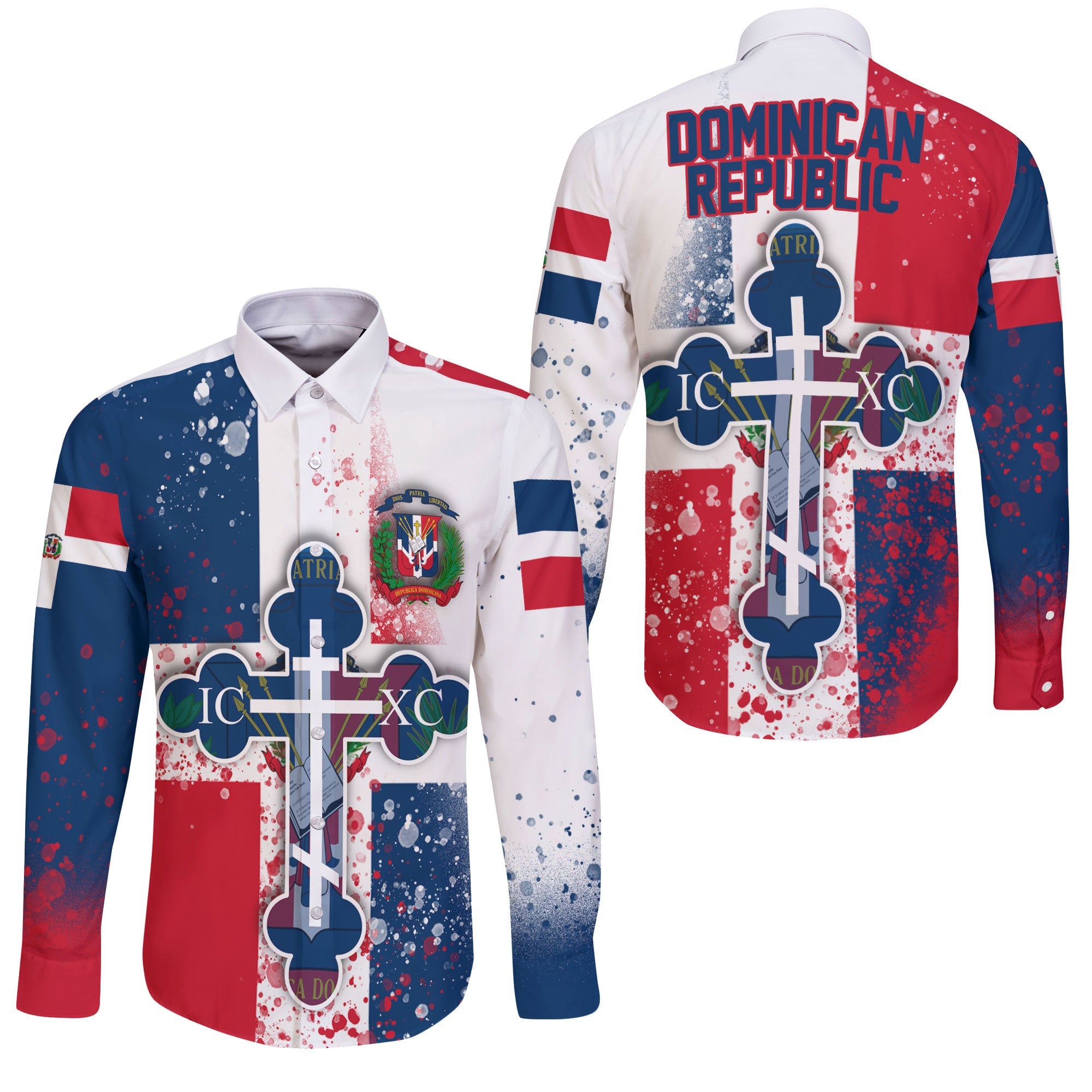 Dominican Republic Long Sleeve Button Shirt Flag & Coat Of Arms Orthodox Style