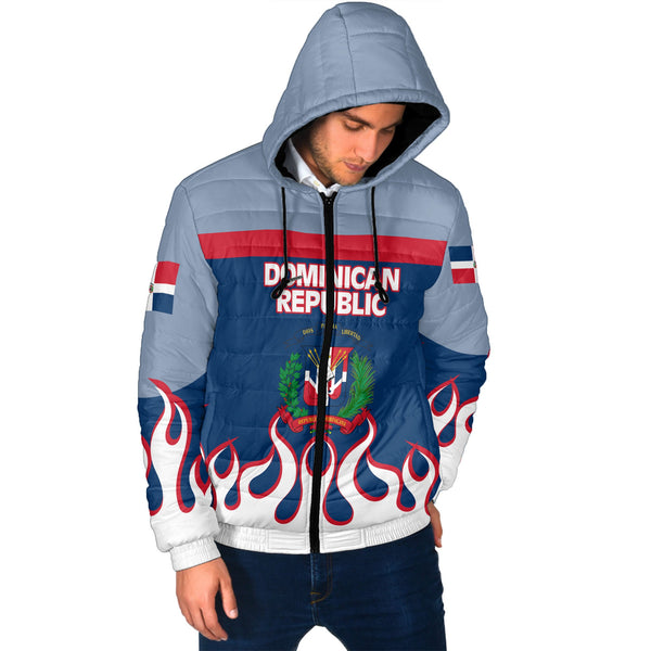 Dominican Republic Men Hooded Padded Jacket Flag & Coat Of Arms Fire Hockey Style