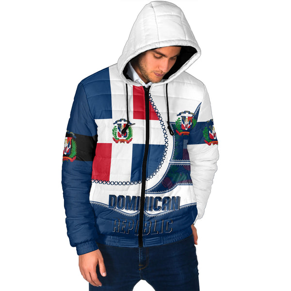 Dominican Republic Men Hooded Padded Jacket Flag & Coat Of Arms Leather Style