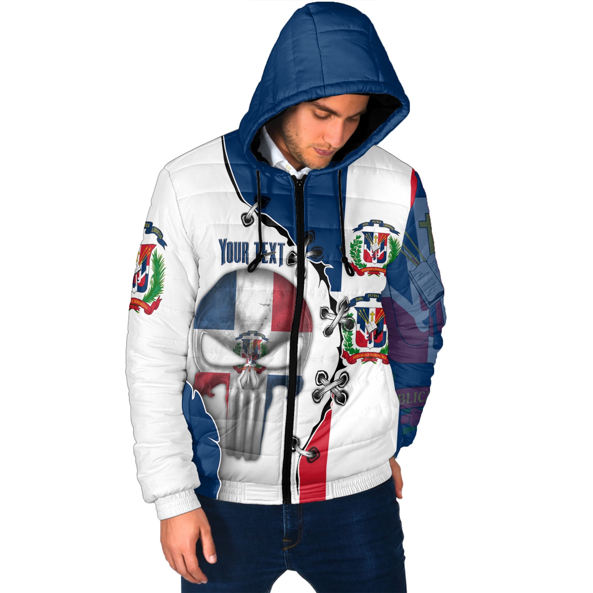 Dominican Republic Men Hooded Padded Jacket Flag & Coat Of Arms Skull Style