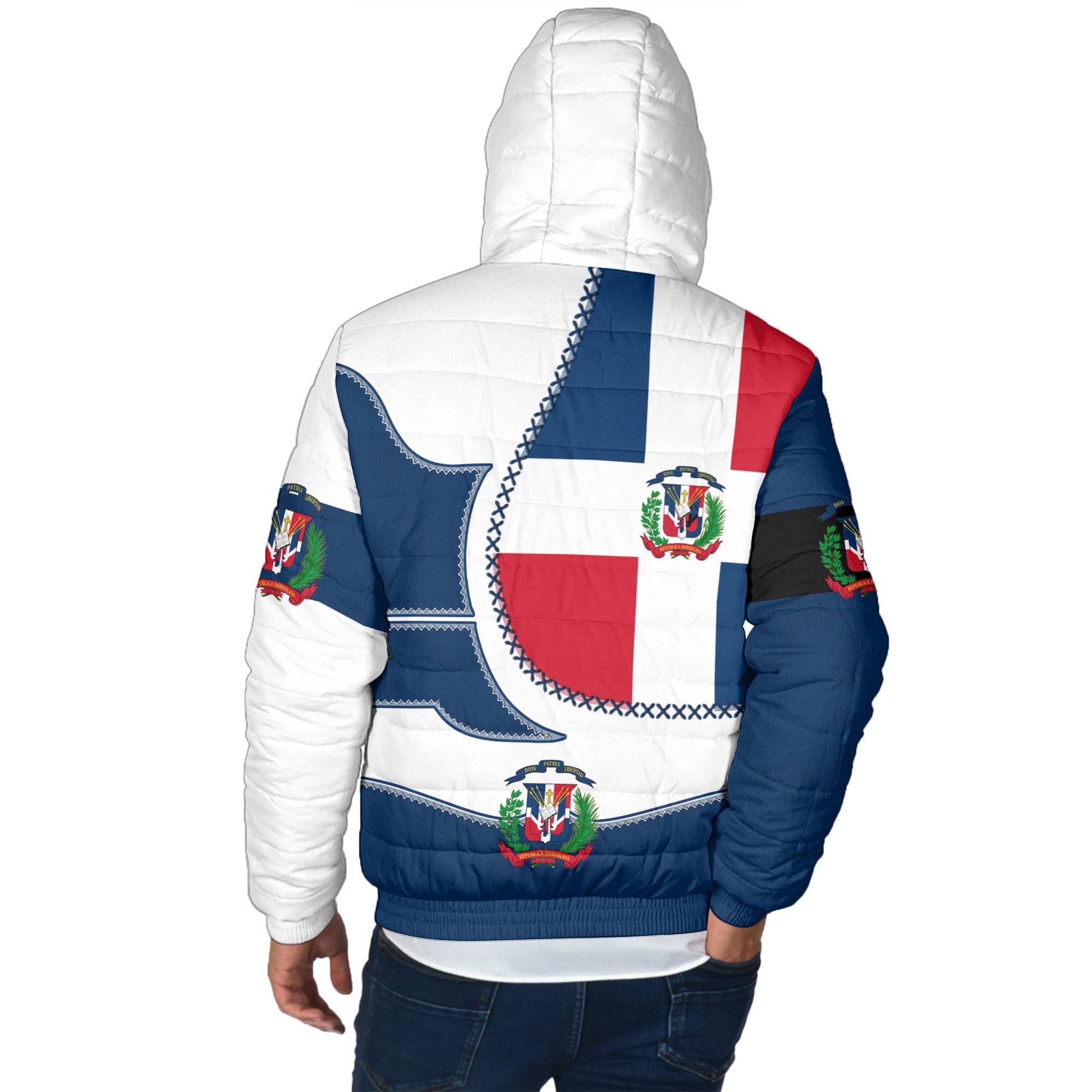 Dominican Republic Men Hooded Padded Jacket Flag & Coat Of Arms Leather Style