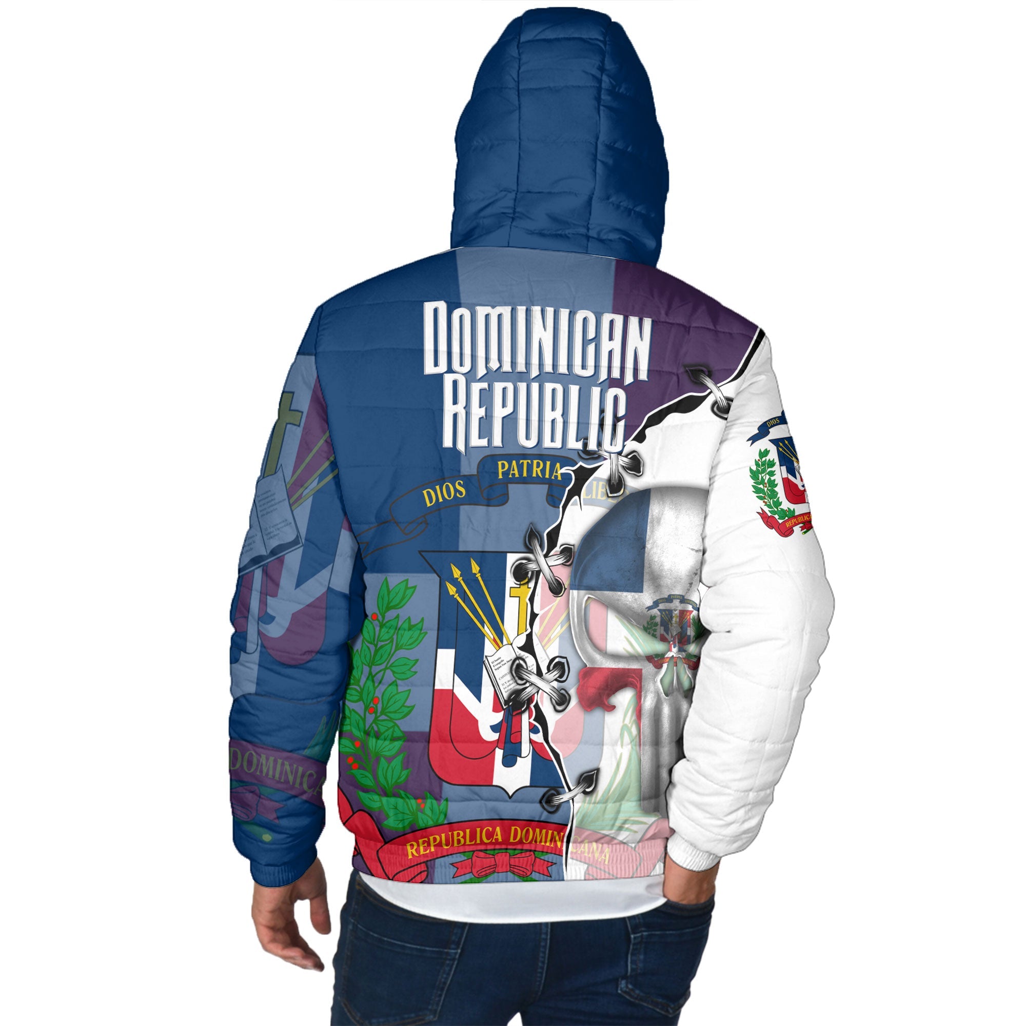 Dominican Republic Men Hooded Padded Jacket Flag & Coat Of Arms Skull Style