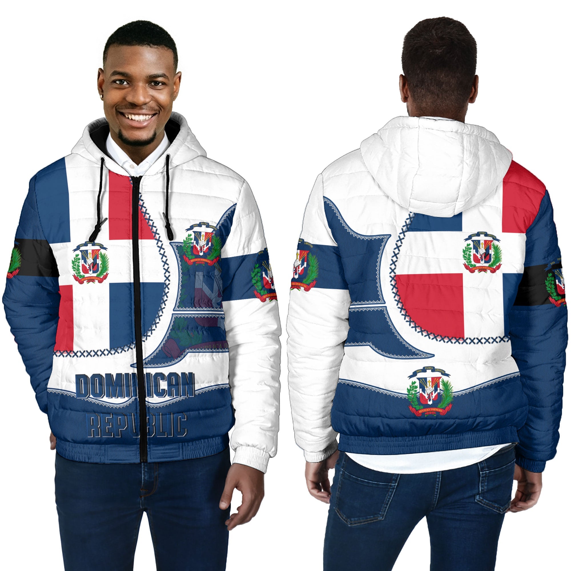 Dominican Republic Men Hooded Padded Jacket Flag & Coat Of Arms Leather Style