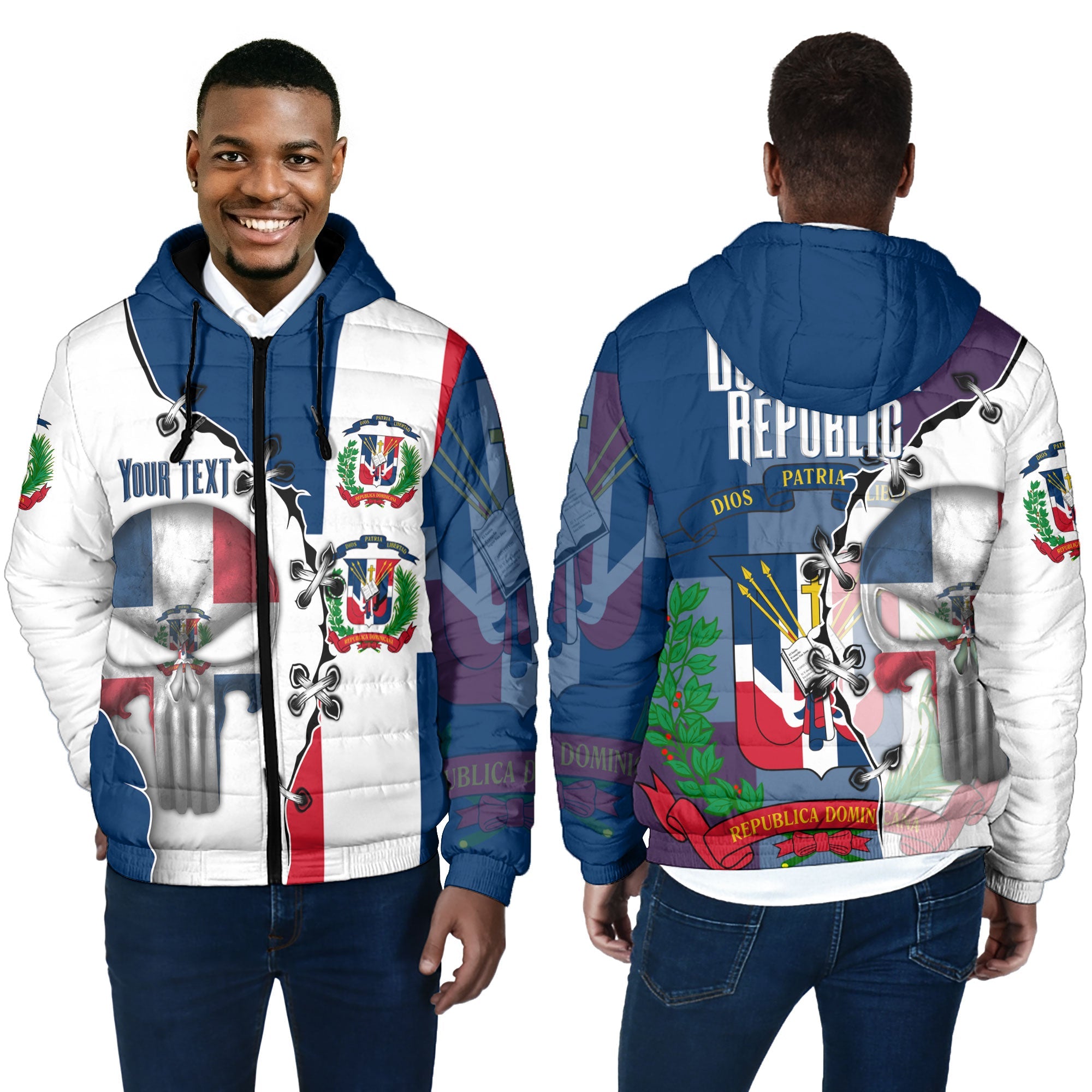 Dominican Republic Men Hooded Padded Jacket Flag & Coat Of Arms Skull Style