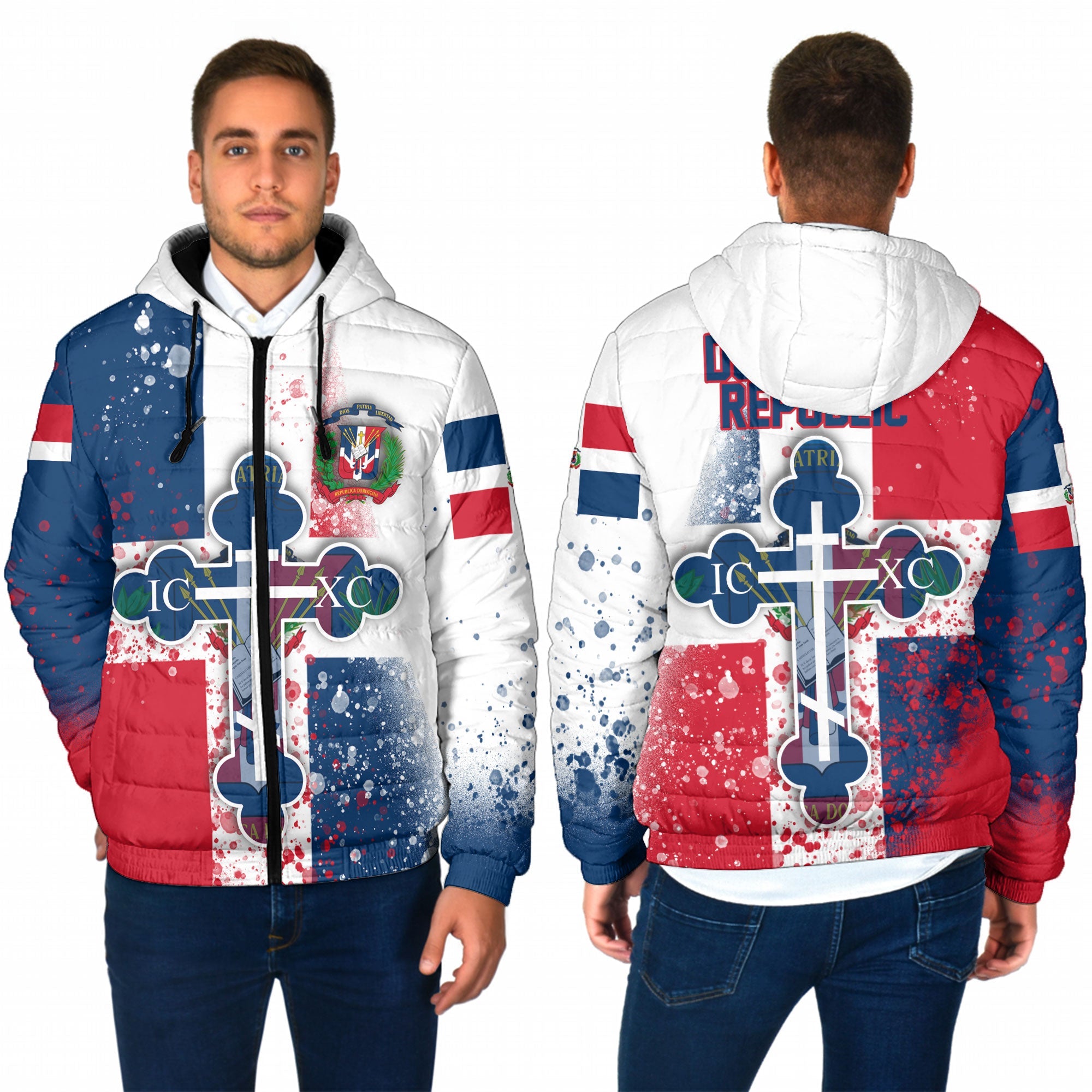 Dominican Republic Men Hooded Padded Jacket Flag & Coat Of Arms Orthodox Style