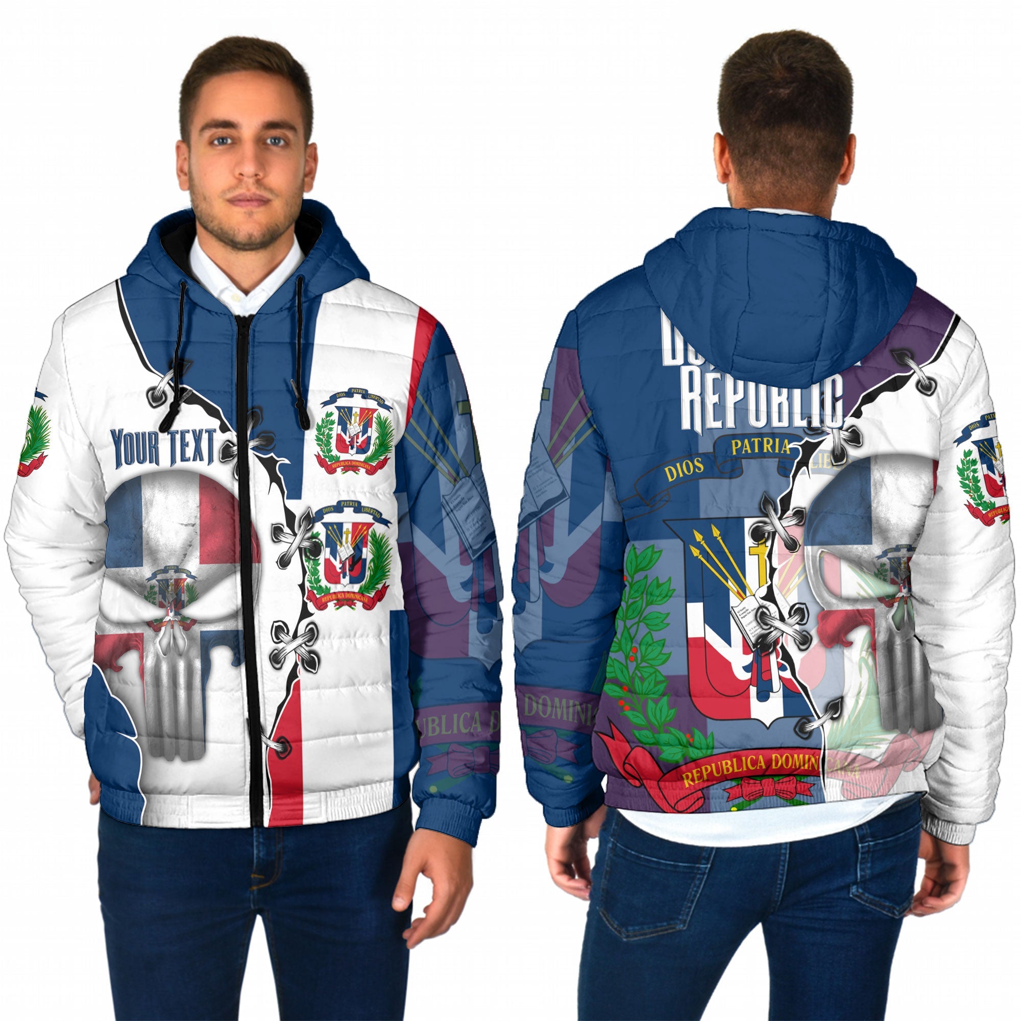 Dominican Republic Men Hooded Padded Jacket Flag & Coat Of Arms Skull Style