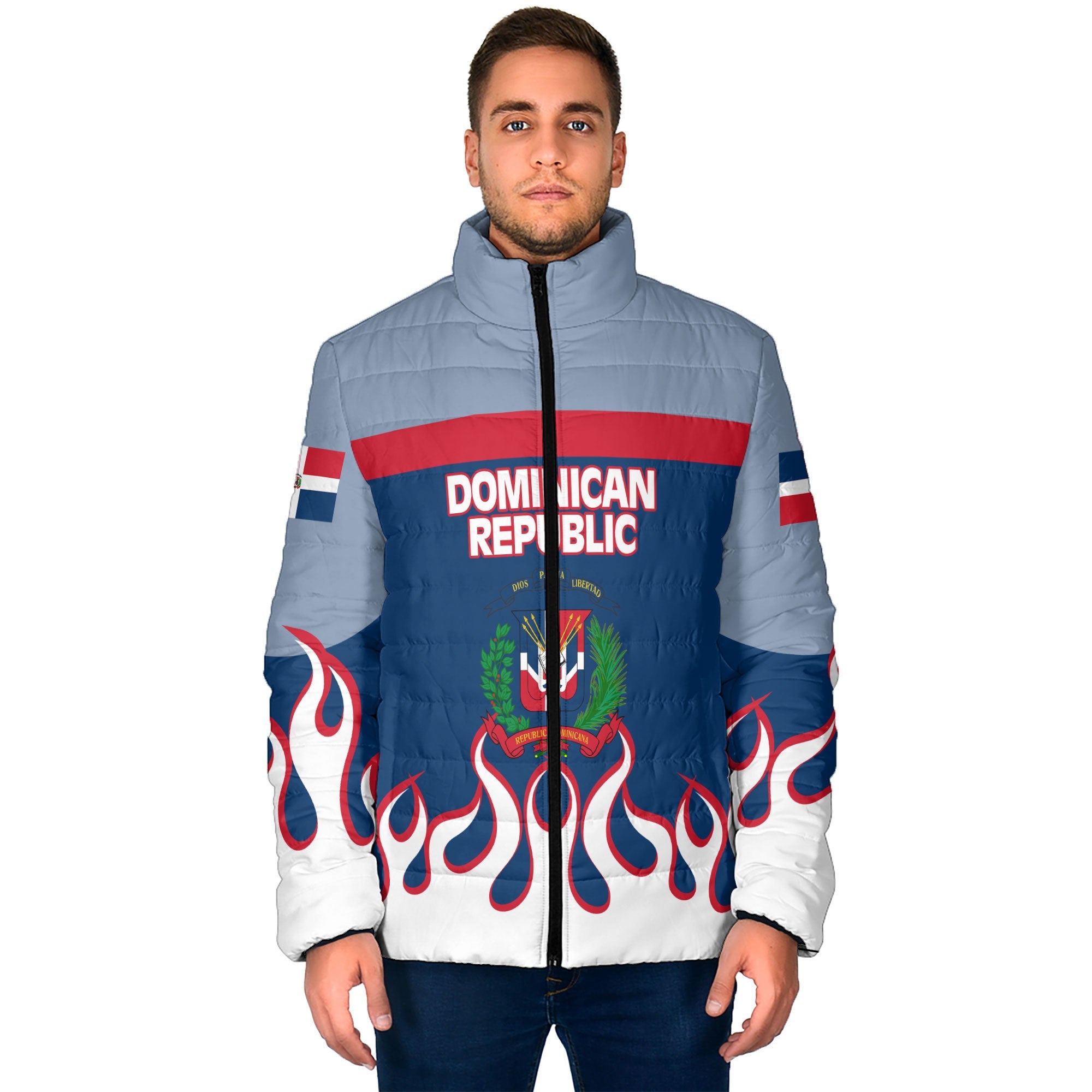 Dominican Republic Men Padded Jacket Flag & Coat Of Arms Fire Hockey Style