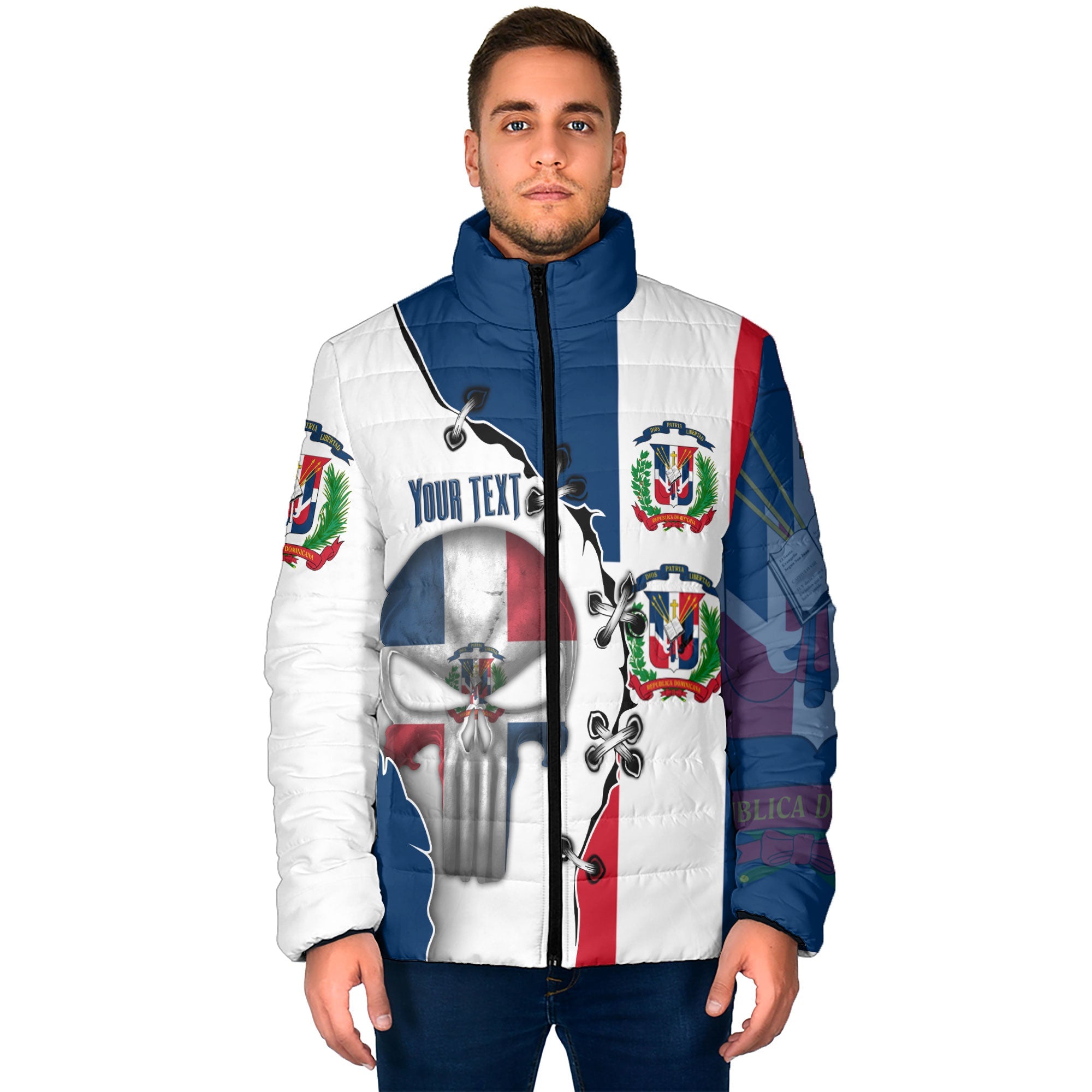 Dominican Republic Men Padded Jacket Flag & Coat Of Arms Skull Style