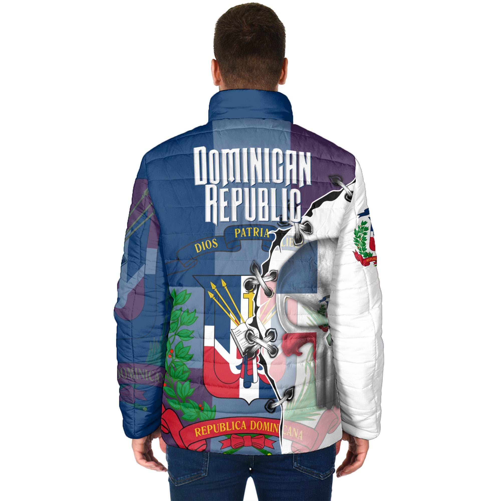 Dominican Republic Men Padded Jacket Flag & Coat Of Arms Skull Style