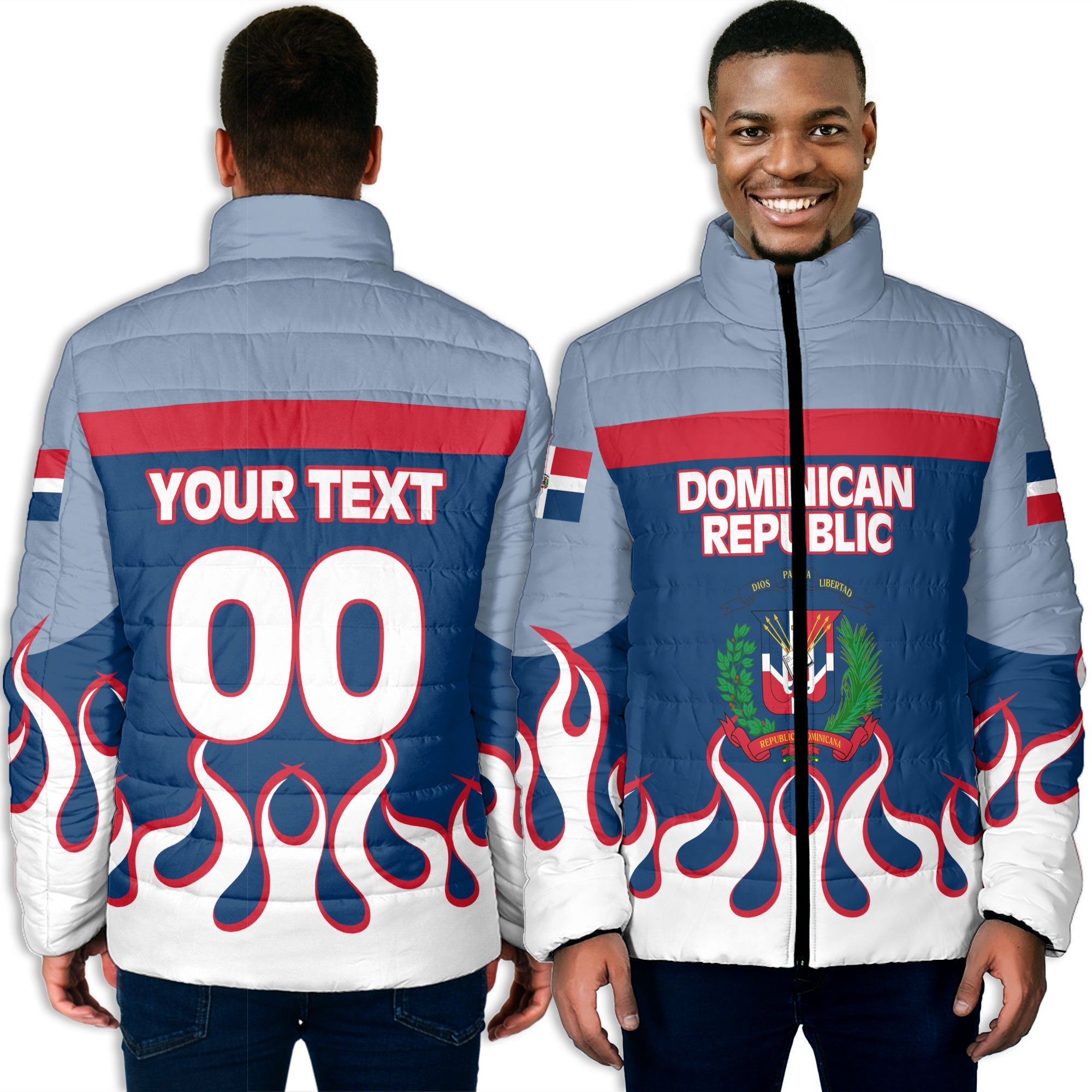 Dominican Republic Men Padded Jacket Flag & Coat Of Arms Fire Hockey Style