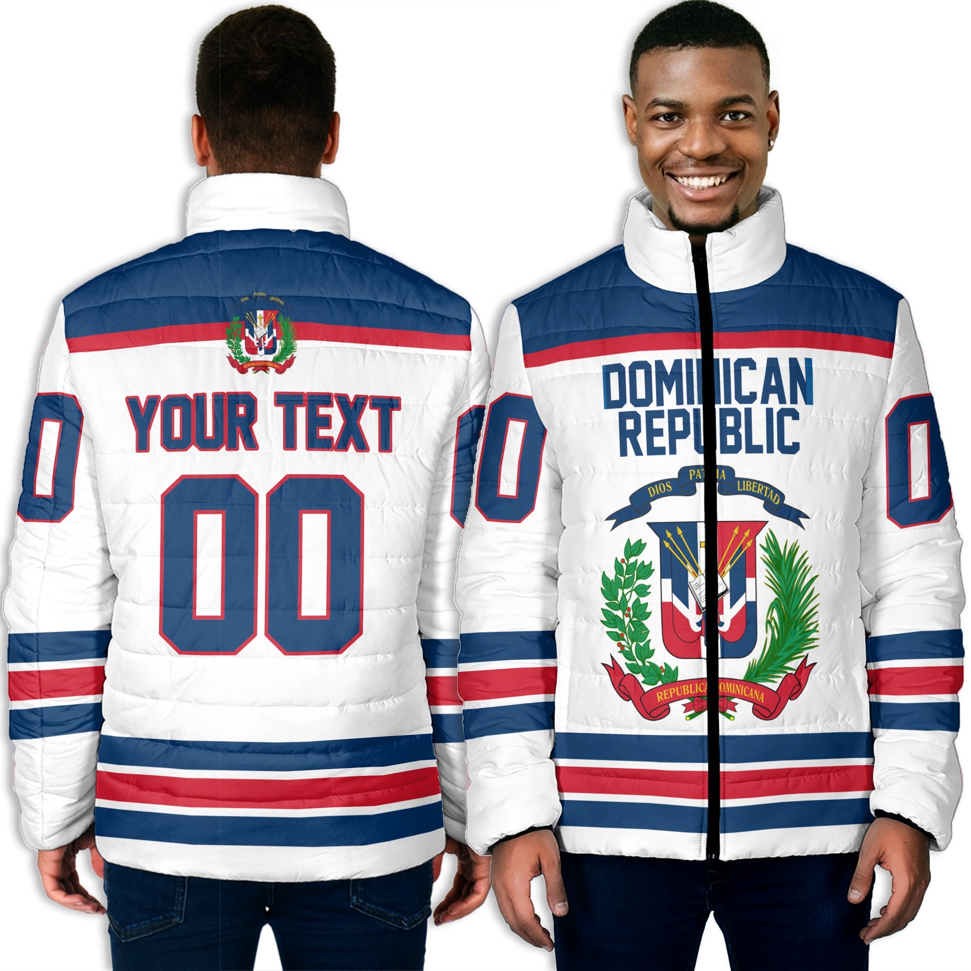 Dominican Republic Men Padded Jacket Flag & Coat Of Arms Hockey Style