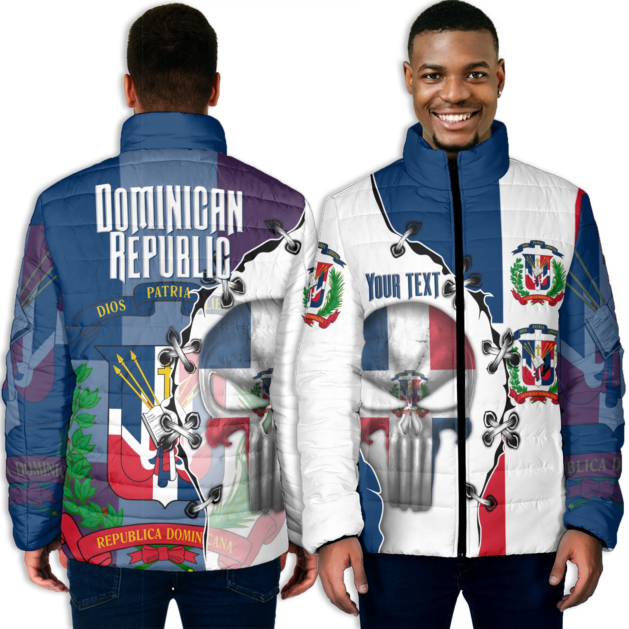 Dominican Republic Men Padded Jacket Flag & Coat Of Arms Skull Style