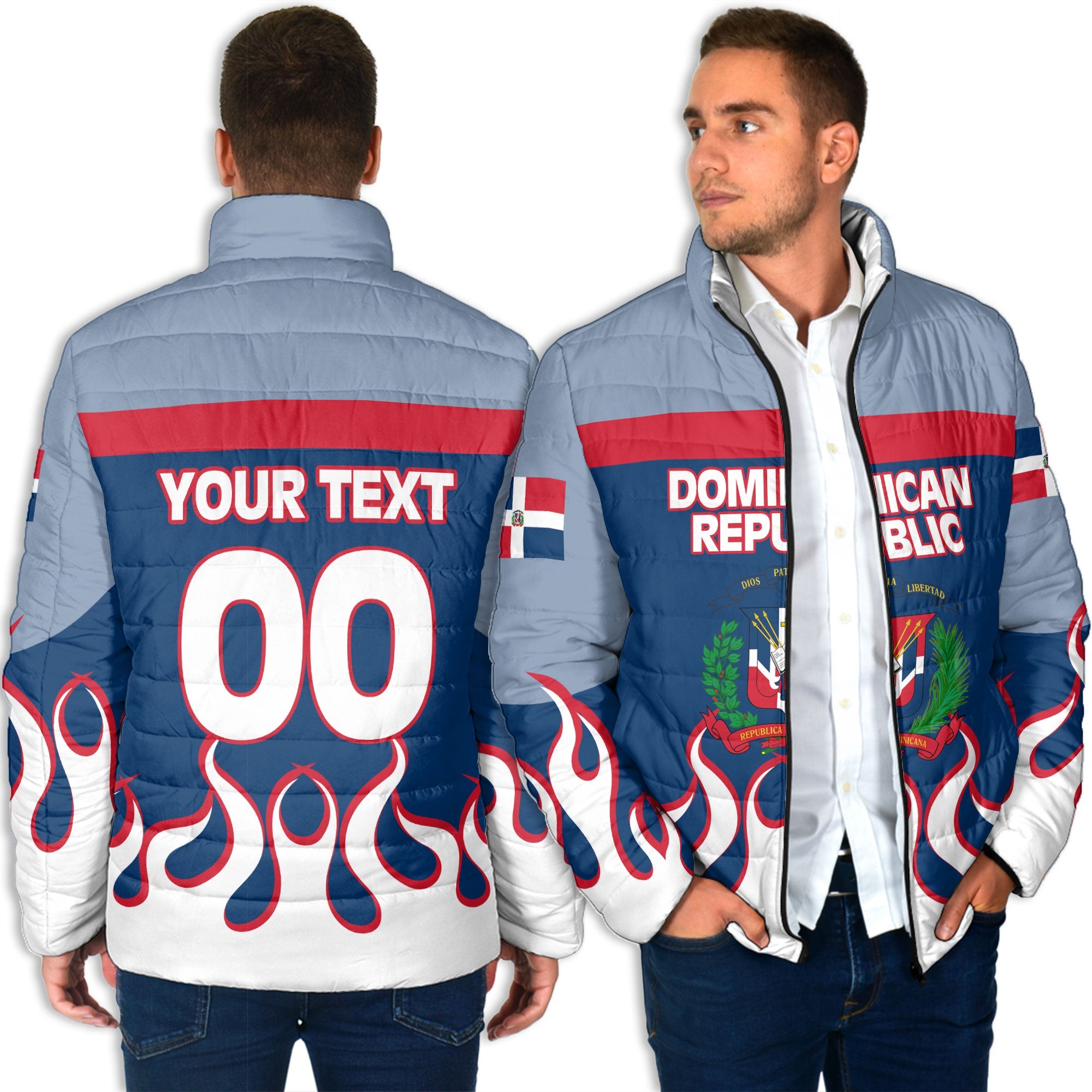 Dominican Republic Men Padded Jacket Flag & Coat Of Arms Fire Hockey Style