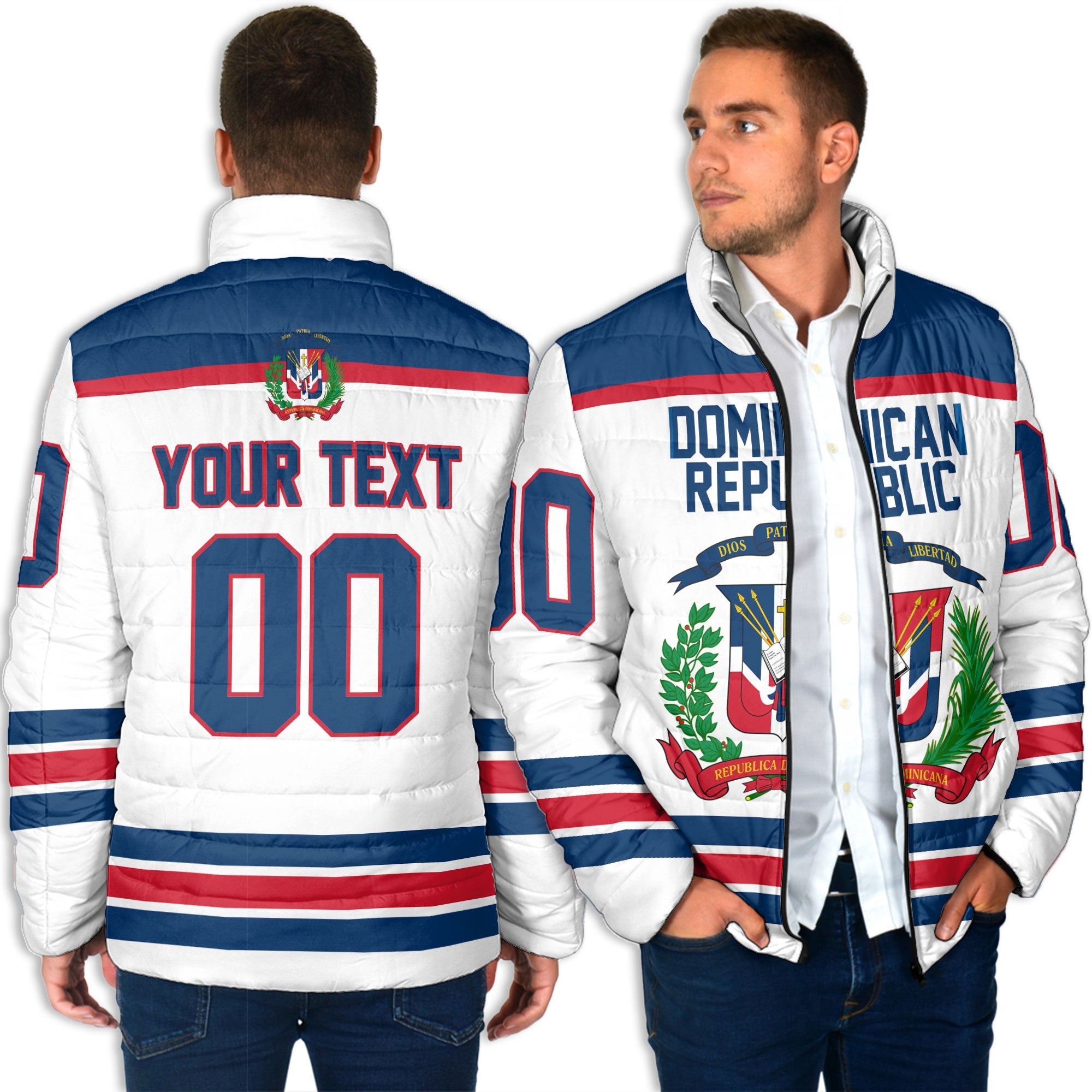 Dominican Republic Men Padded Jacket Flag & Coat Of Arms Hockey Style