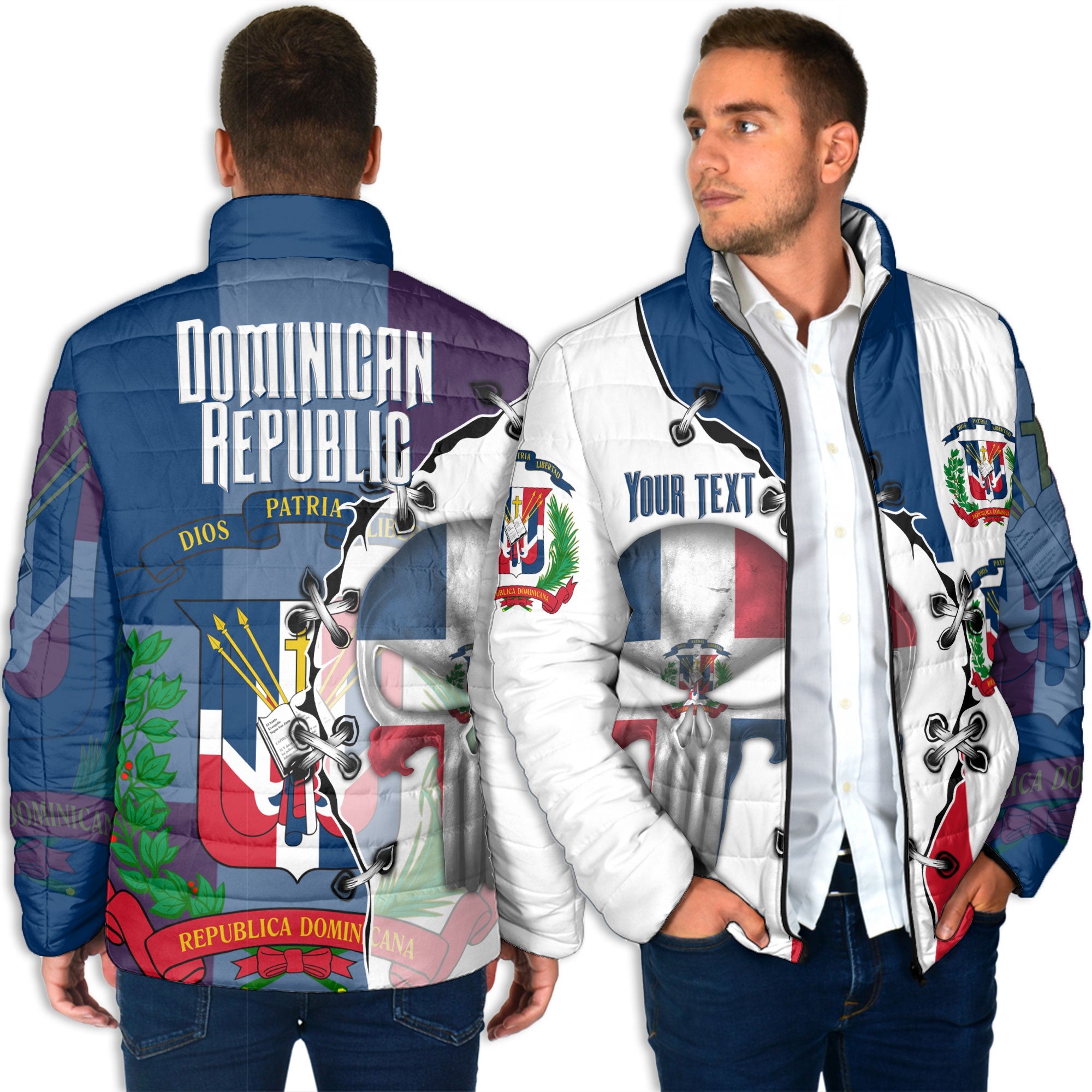 Dominican Republic Men Padded Jacket Flag & Coat Of Arms Skull Style